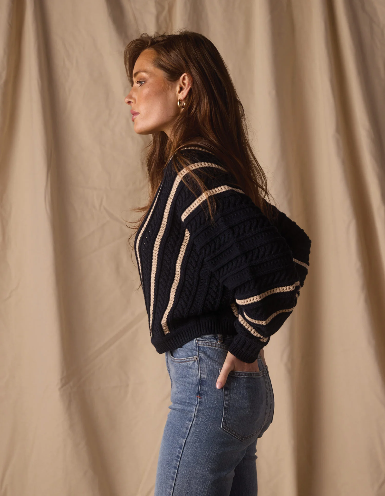 Apres Chevron Sweater in Navy/Birch Stripe - Image 3