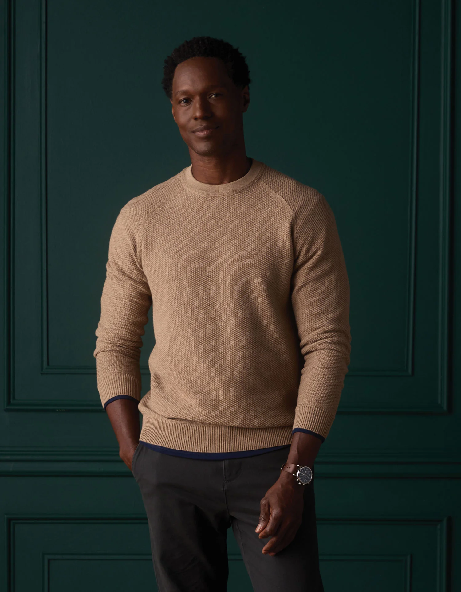 COOLMAX® Textured Crewneck Sweater in Dark Taupe - Image 4