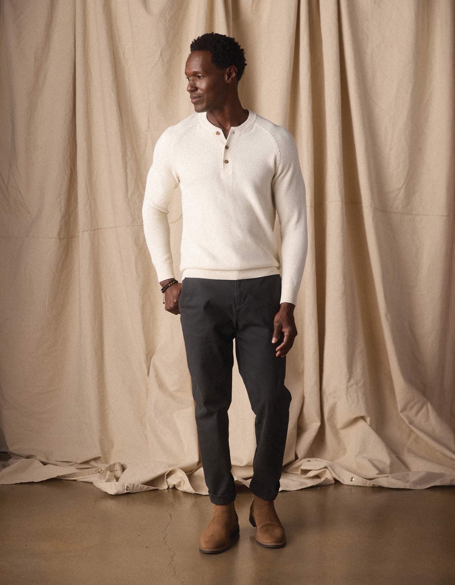 COOLMAX® Textured Sweater Henley in Ivory - Image 4