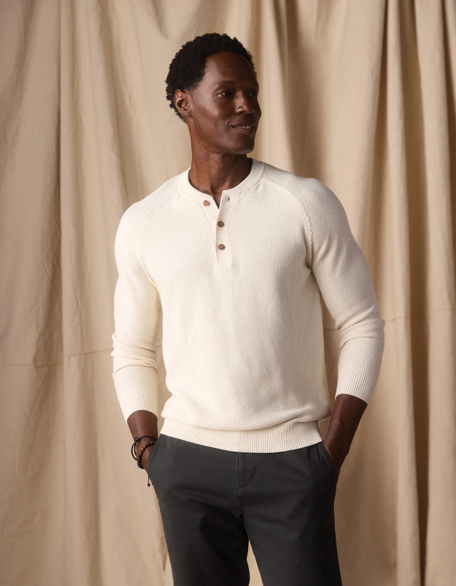 COOLMAX® Textured Sweater Henley in Ivory - Image 5