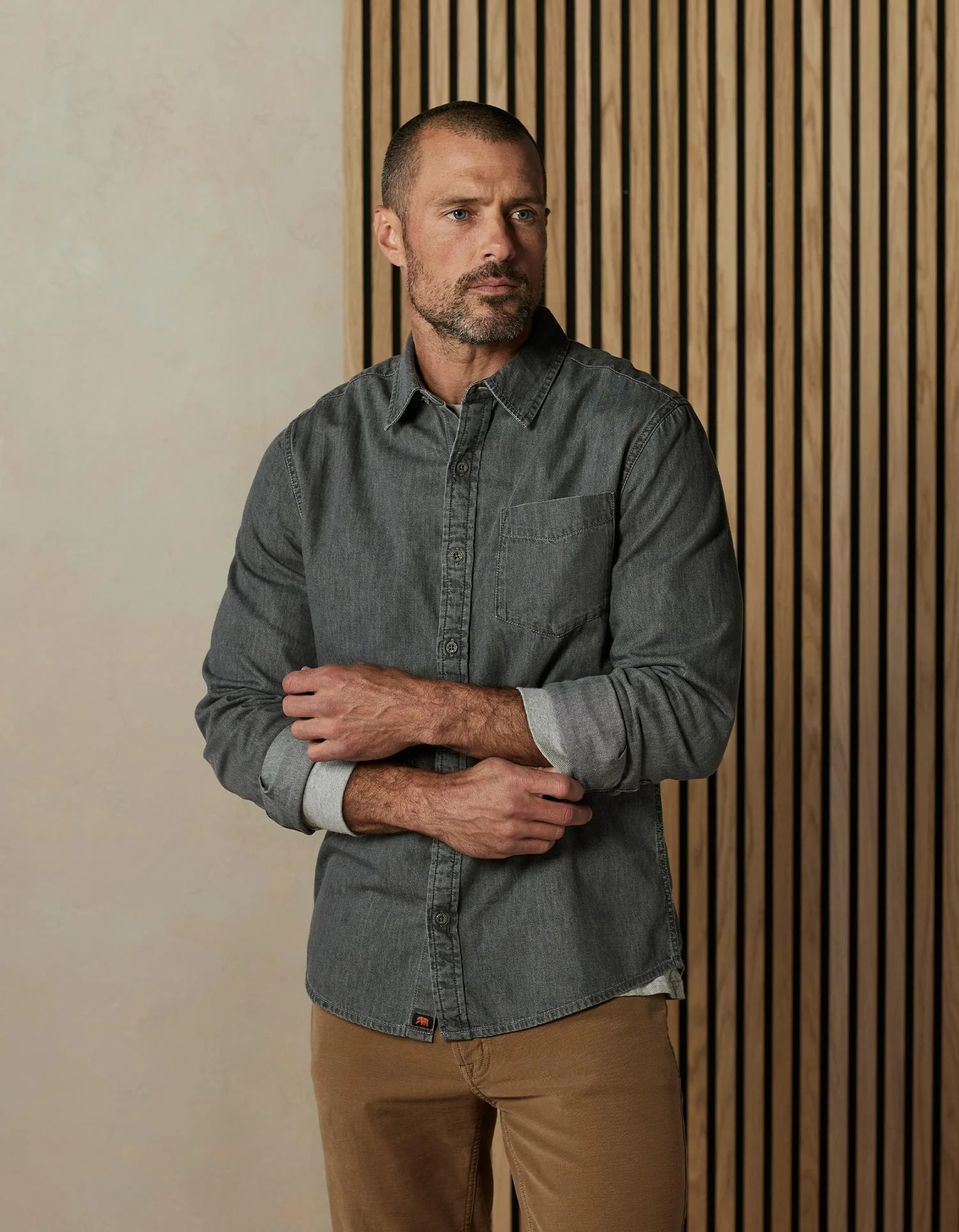 Cotton Denim Long Sleeve Button Up in Grey Wash - Image 3