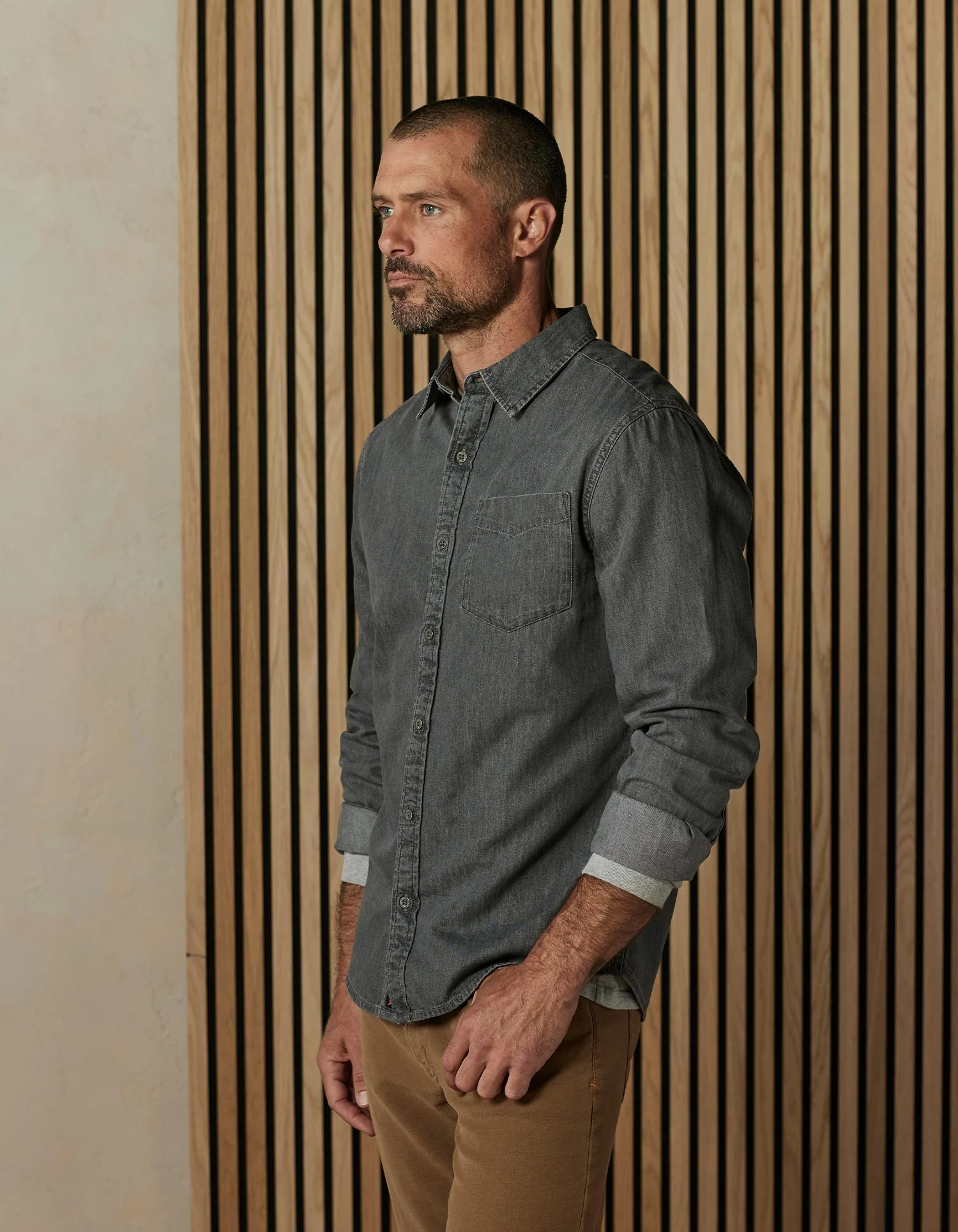 Cotton Denim Long Sleeve Button Up in Grey Wash - Image 4