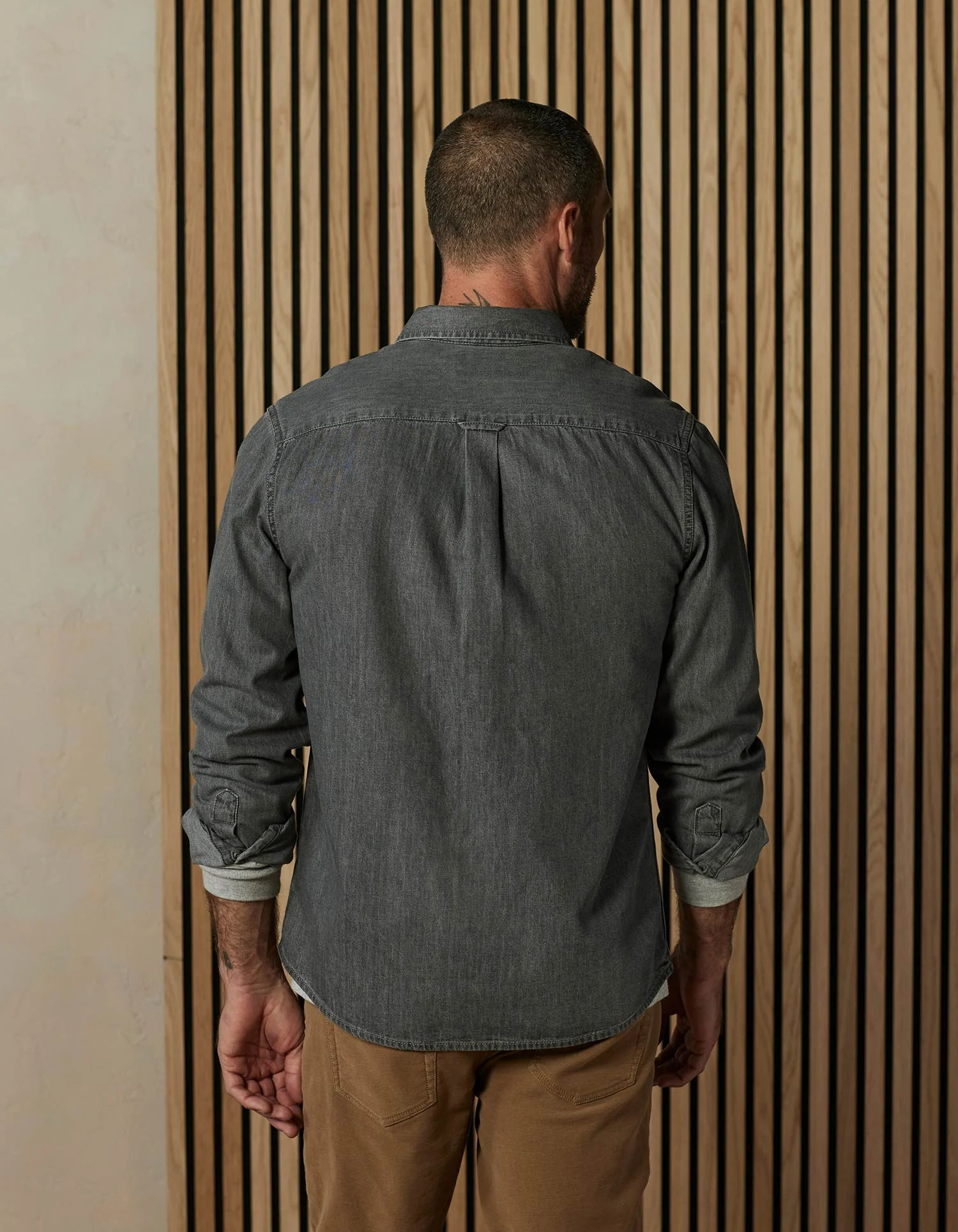 Cotton Denim Long Sleeve Button Up in Grey Wash - Image 5