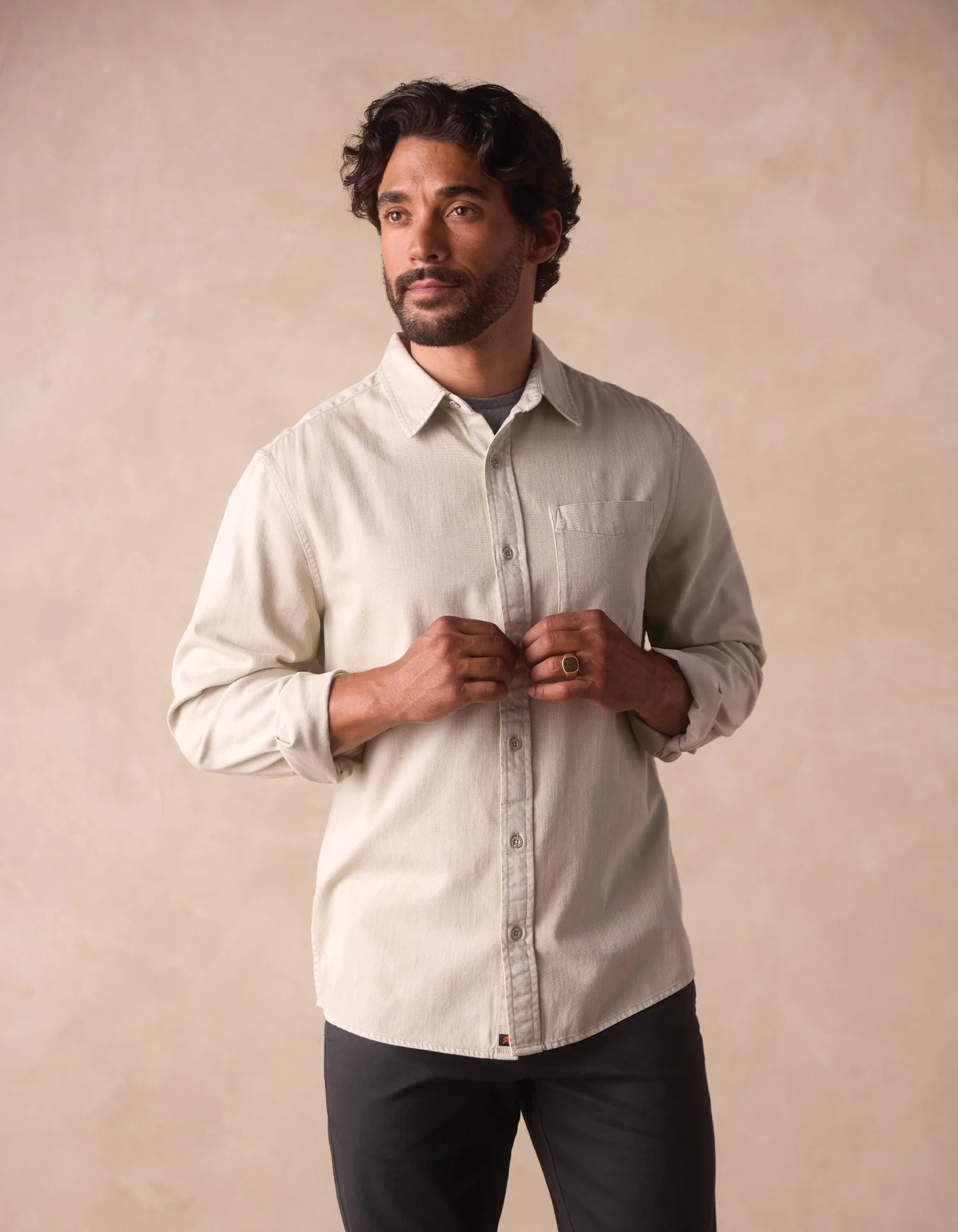 Cotton Denim Long Sleeve Button Up in Silver Moss - Image 3