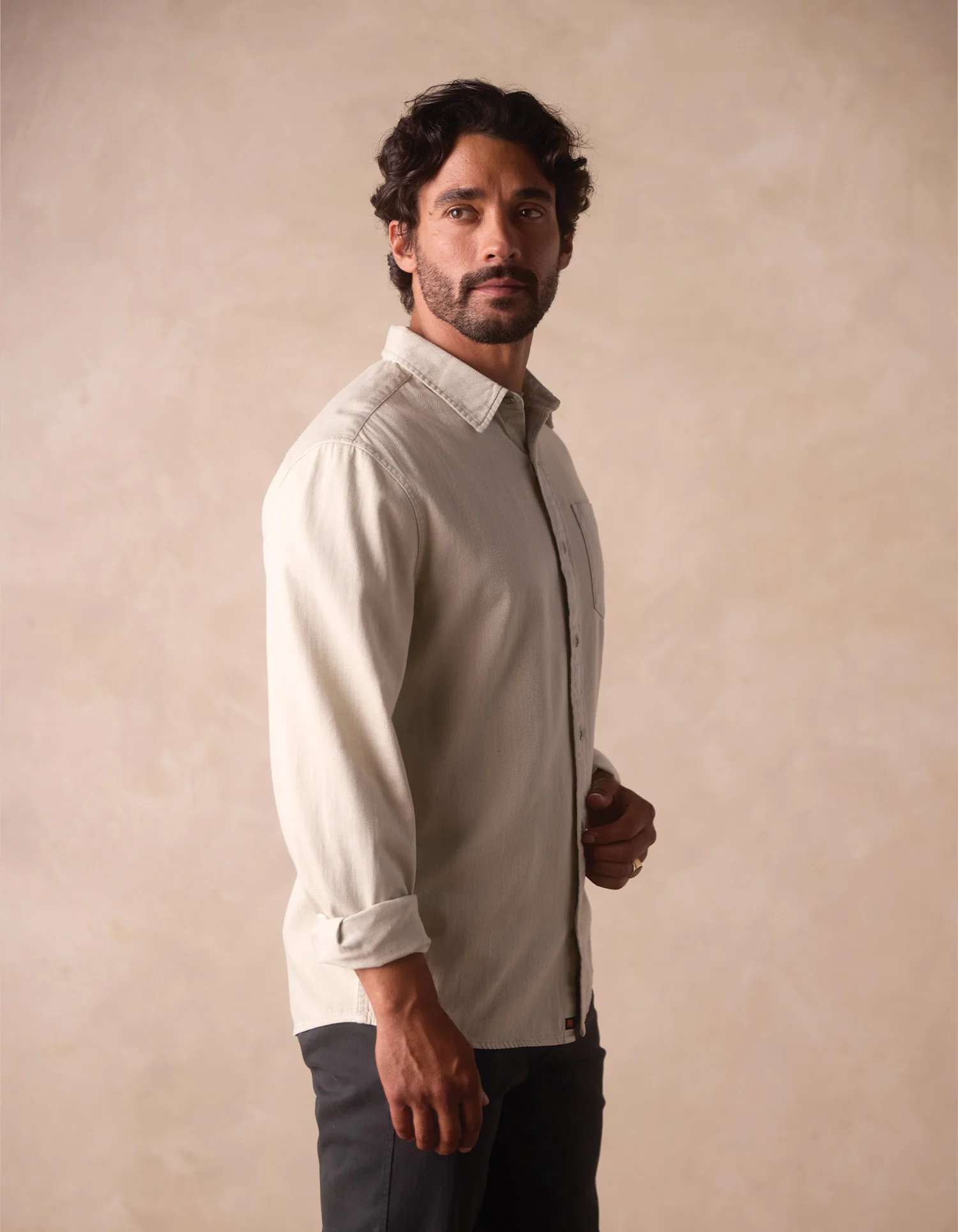 Cotton Denim Long Sleeve Button Up in Silver Moss - Image 4
