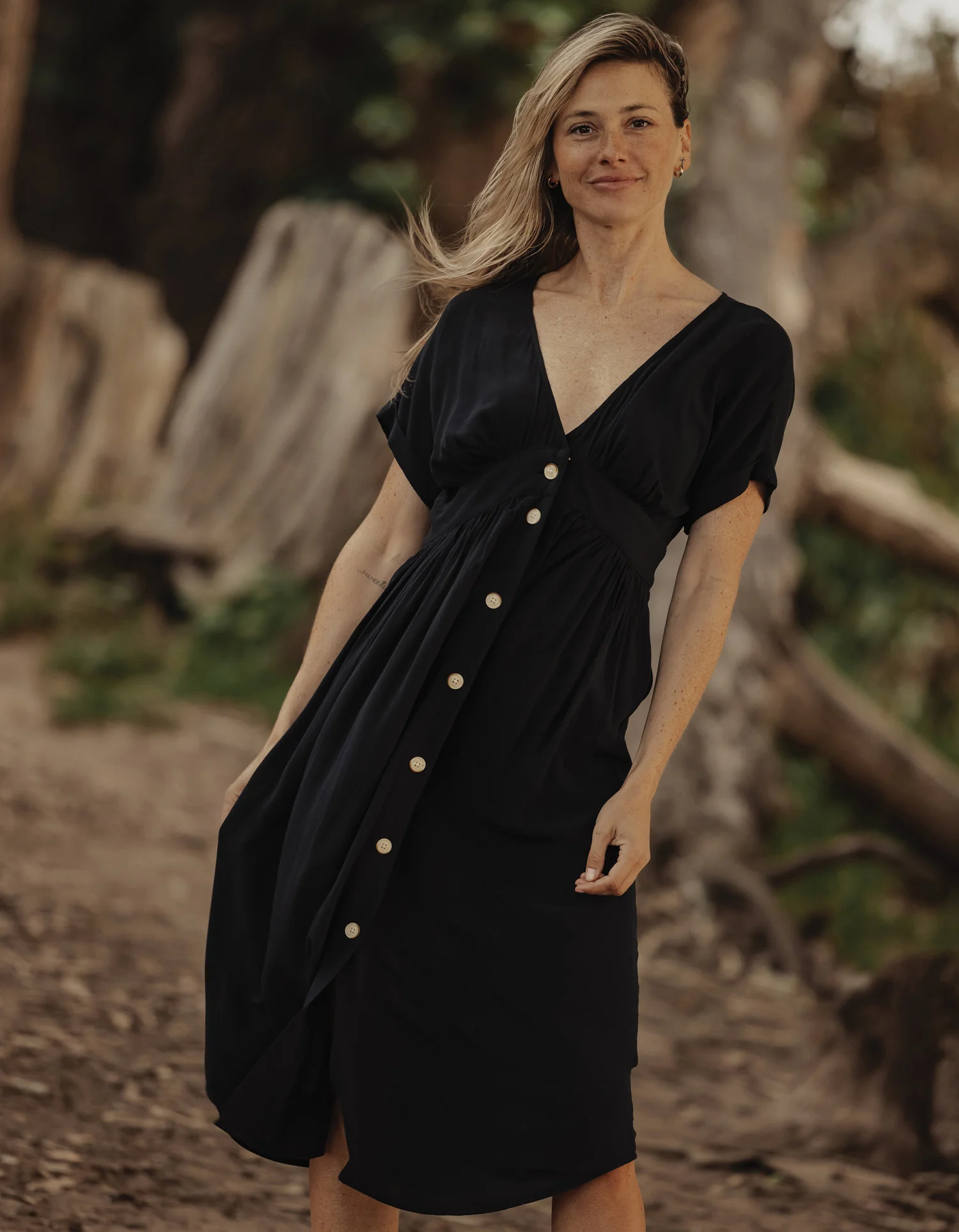 Deep V Button Thru Dress in Black - Image 2