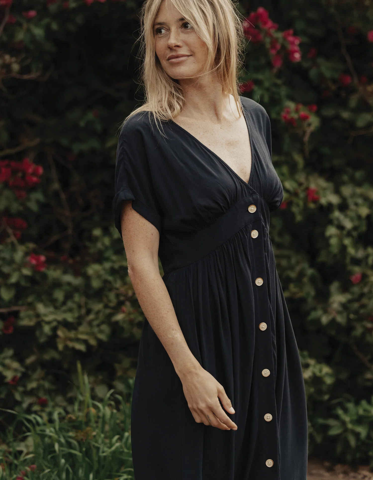 Deep V Button Thru Dress in Black - Image 3