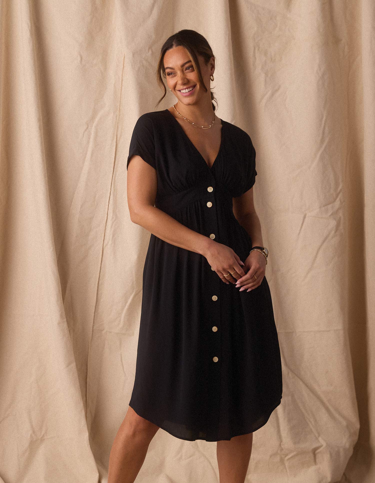 Deep V Button Thru Dress in Black - Image 4
