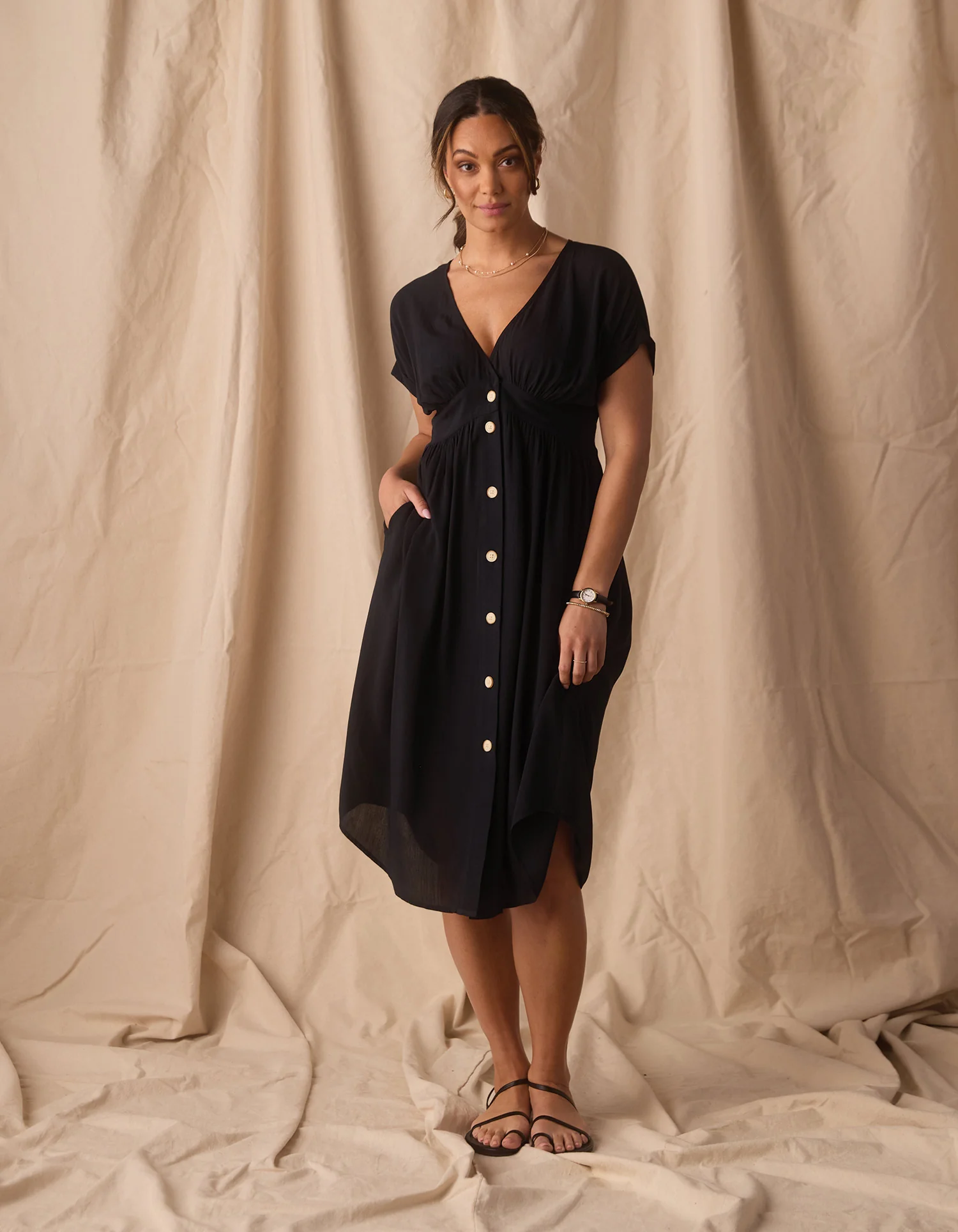 Deep V Button Thru Dress in Black - Image 5