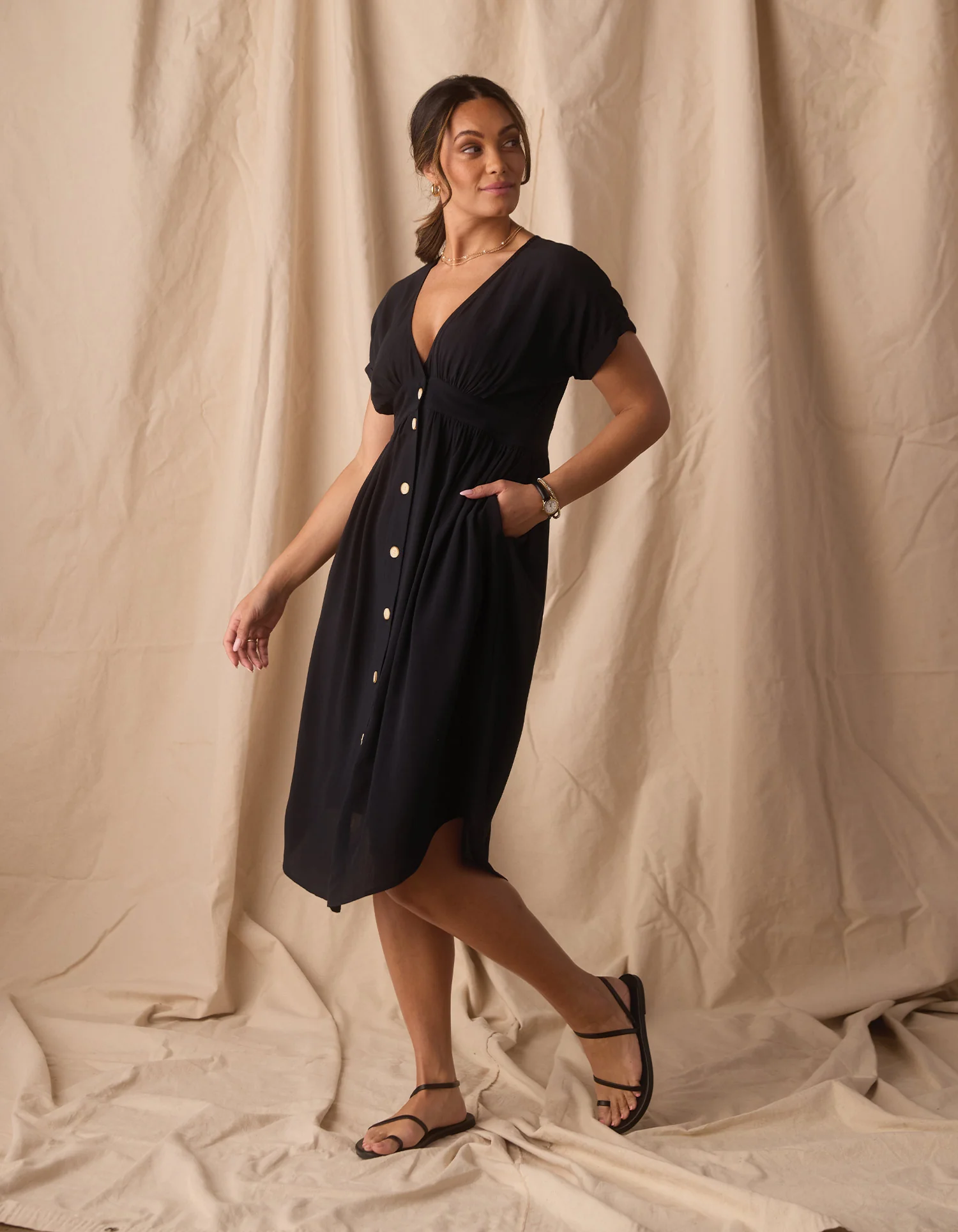Deep V Button Thru Dress in Black - Image 6