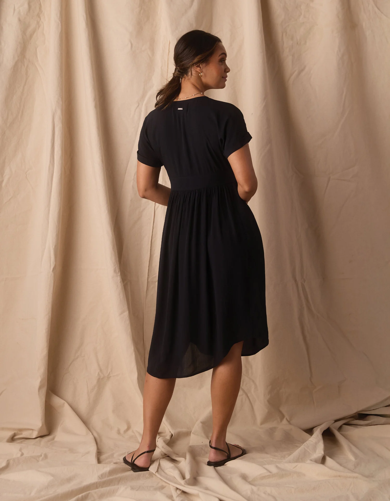 Deep V Button Thru Dress in Black - Image 7