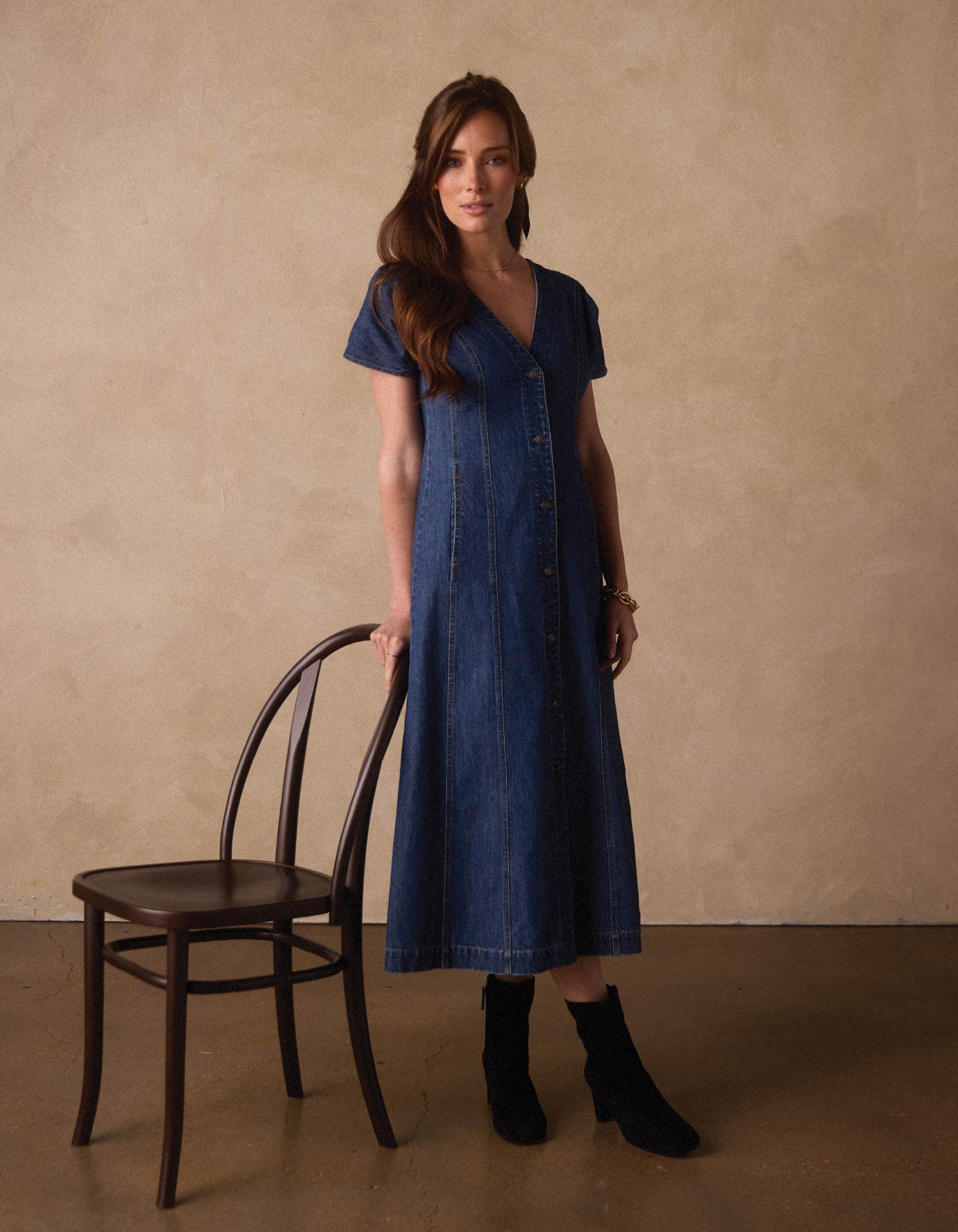 Denim Seamed Midi Dress in Medium Wash - Image 2