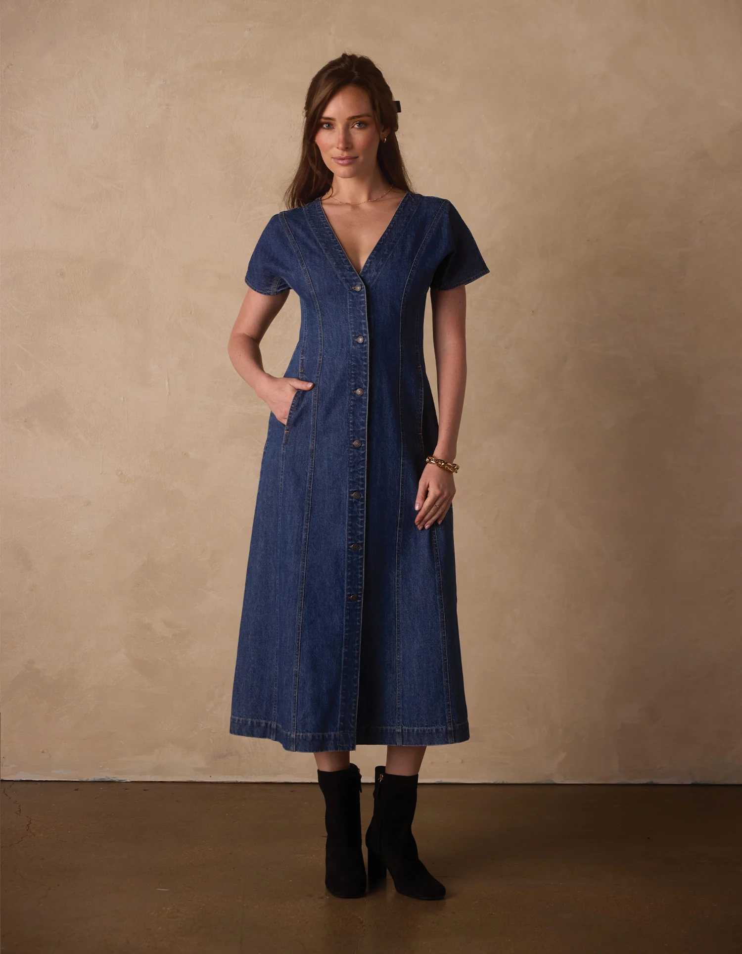 Denim Seamed Midi Dress in Medium Wash - Image 3
