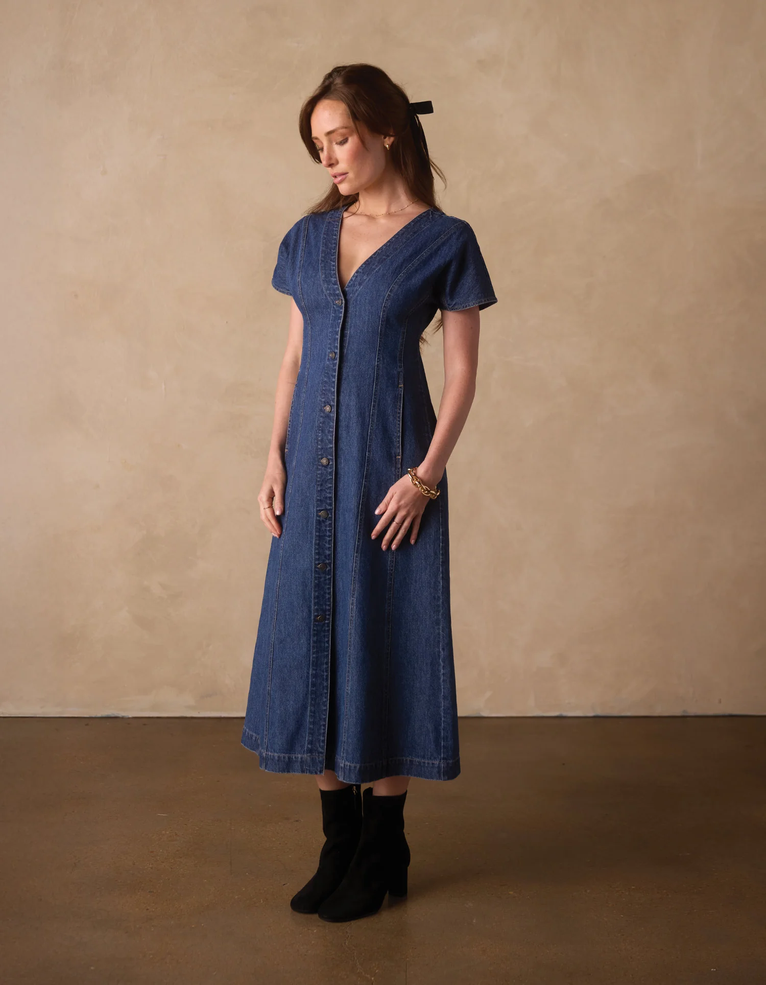 Denim Seamed Midi Dress in Medium Wash - Image 4