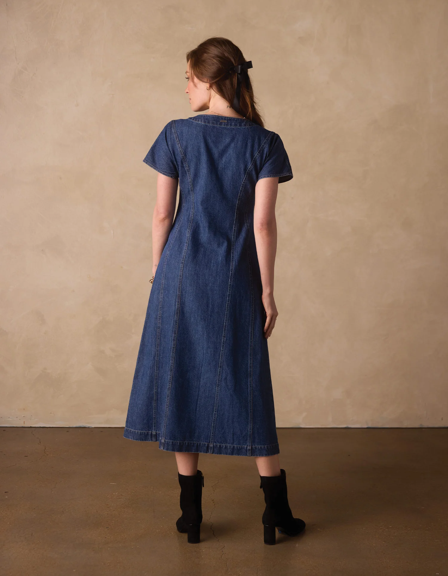 Denim Seamed Midi Dress in Medium Wash - Image 5