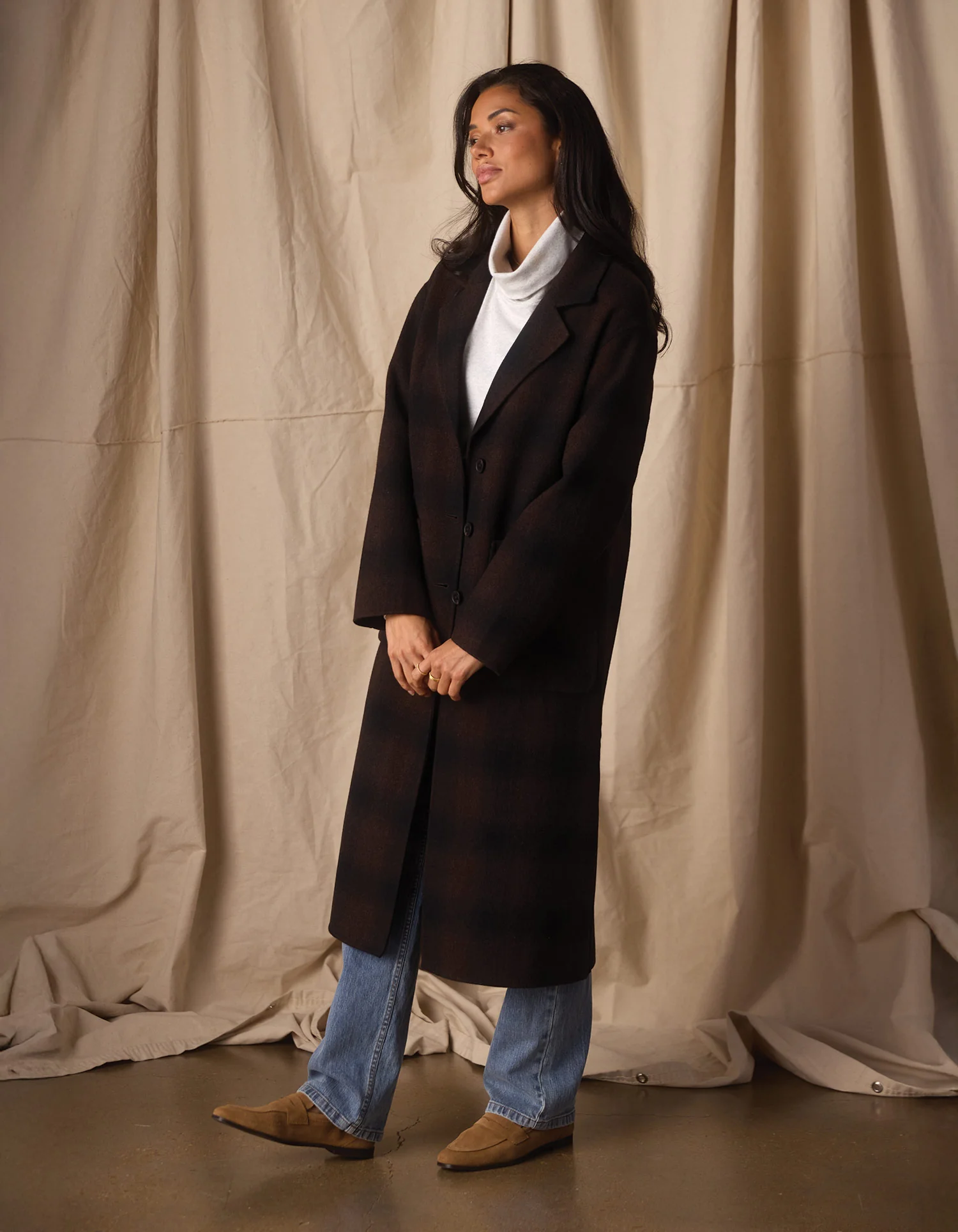 Duster Coat in Midnight Brown Plaid - Image 4