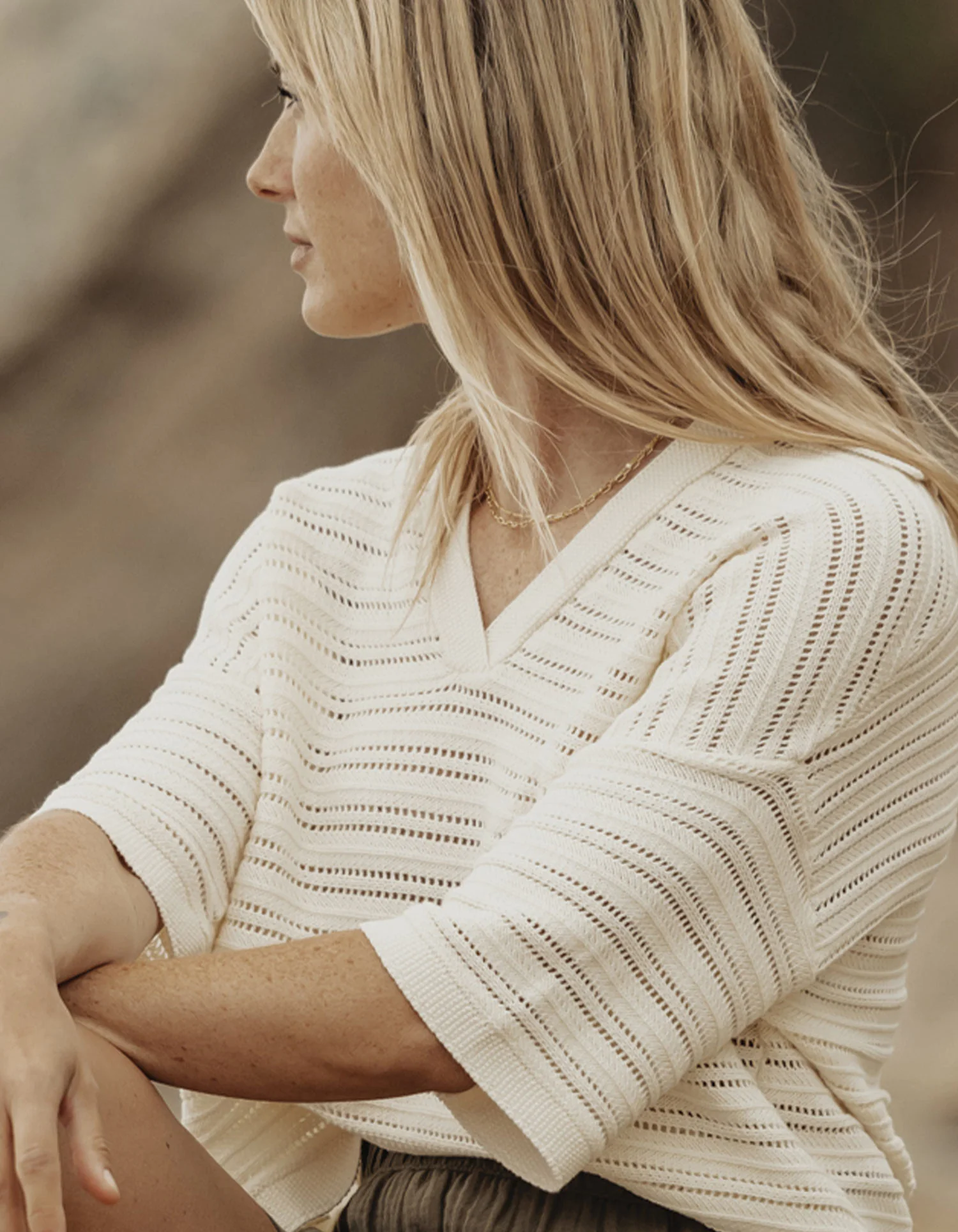 Emma Openwork Short Sleeve Polo in Cream - Image 3