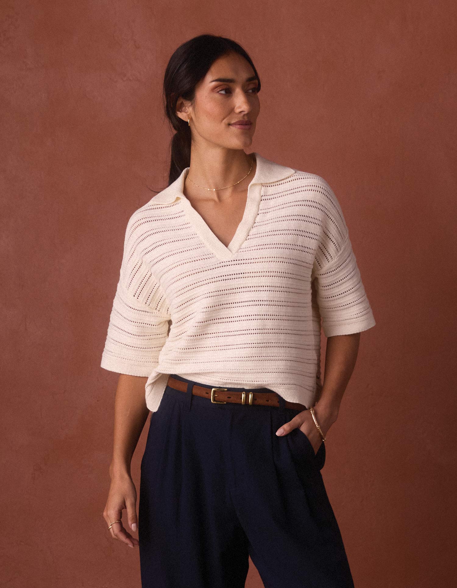 Emma Openwork Short Sleeve Polo in Cream - Image 4