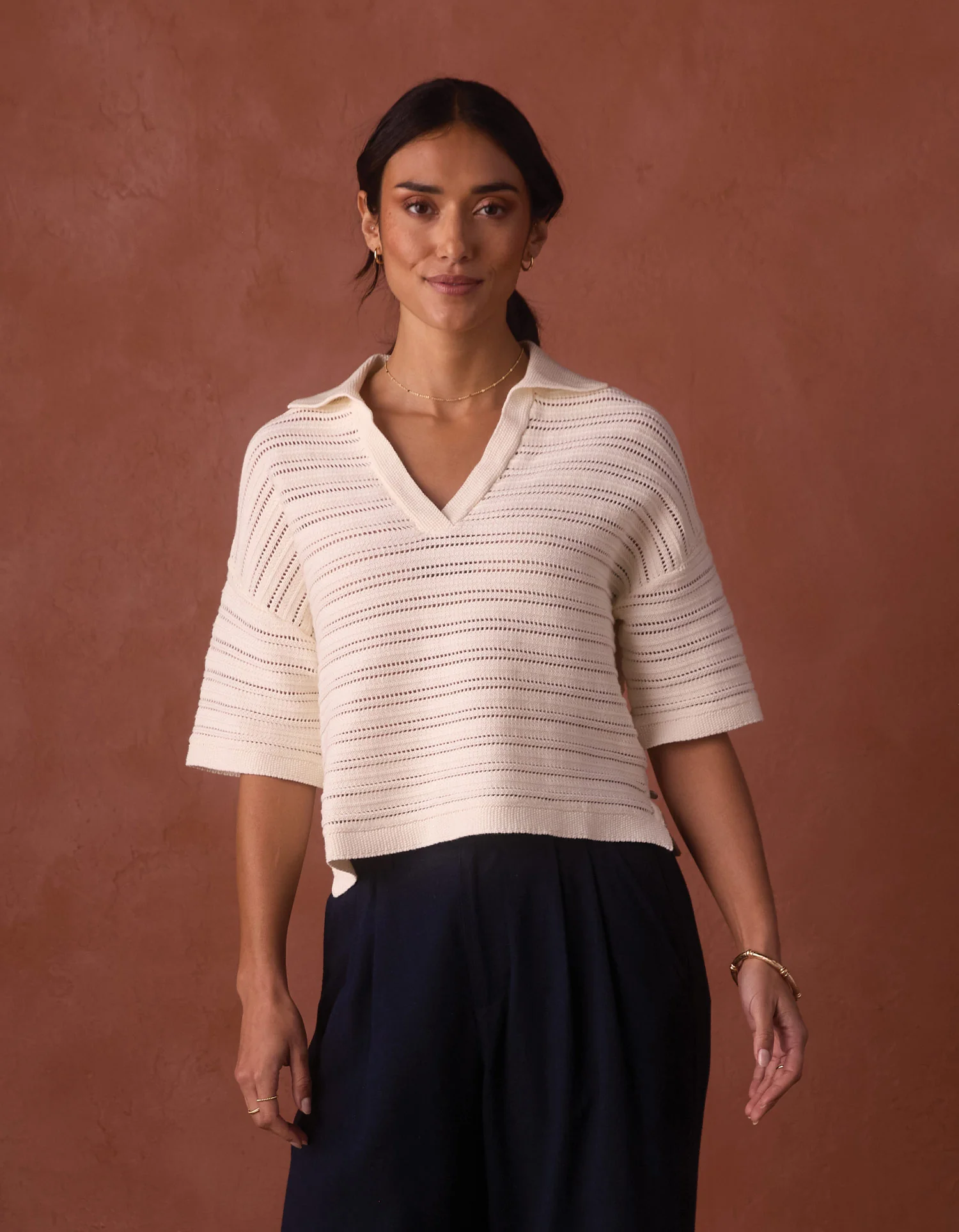 Emma Openwork Short Sleeve Polo in Cream - Image 5