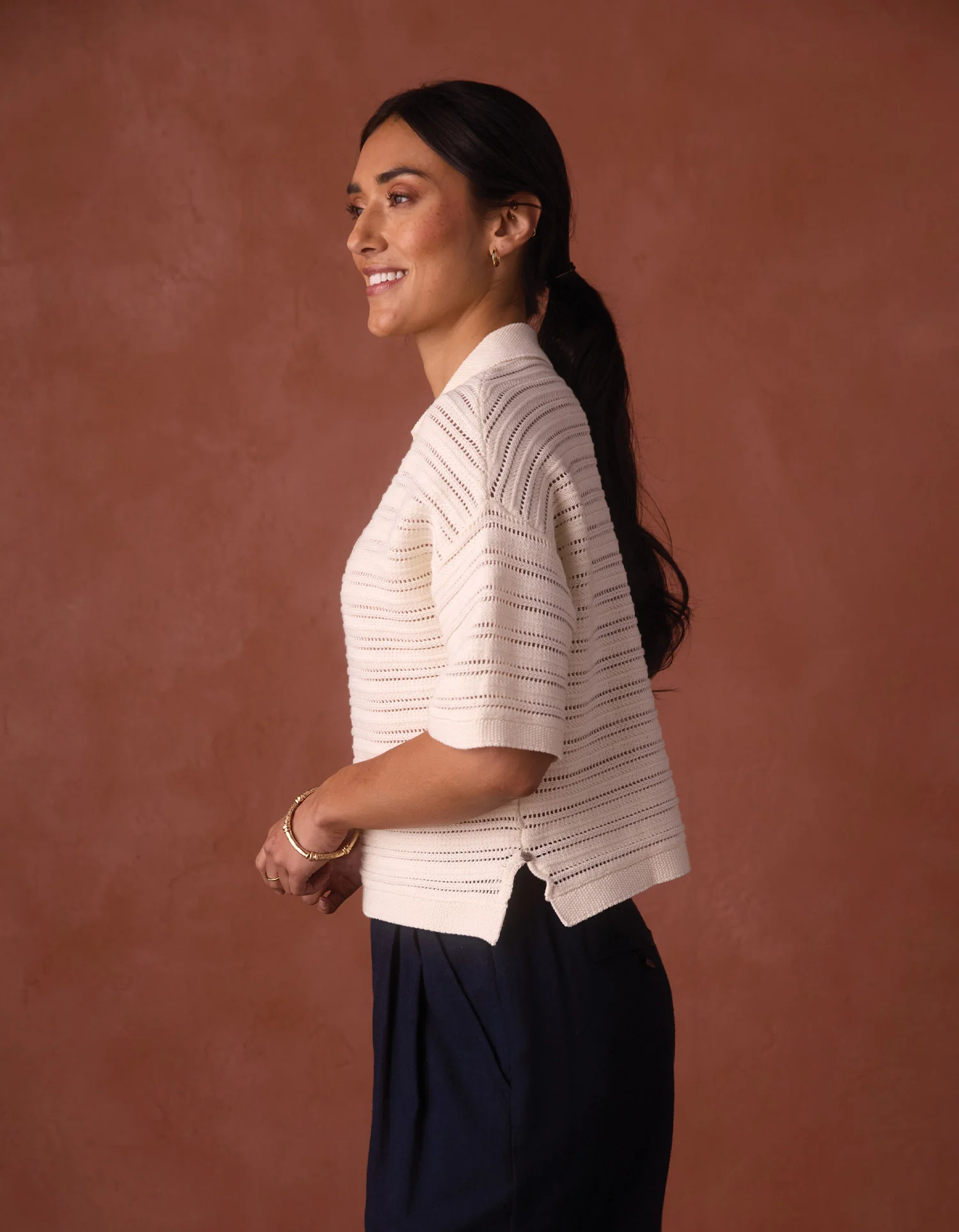 Emma Openwork Short Sleeve Polo in Cream - Image 6