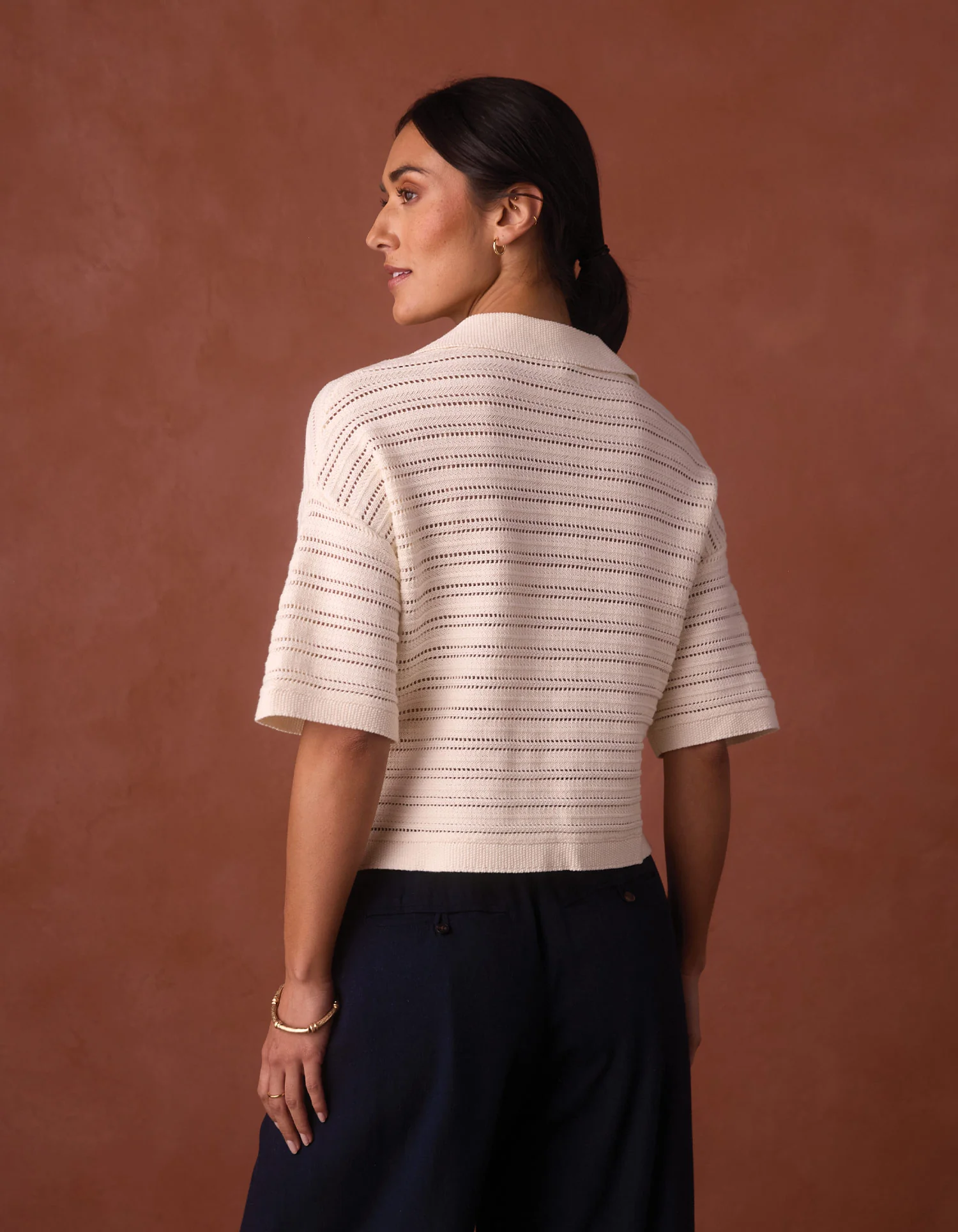 Emma Openwork Short Sleeve Polo in Cream - Image 7