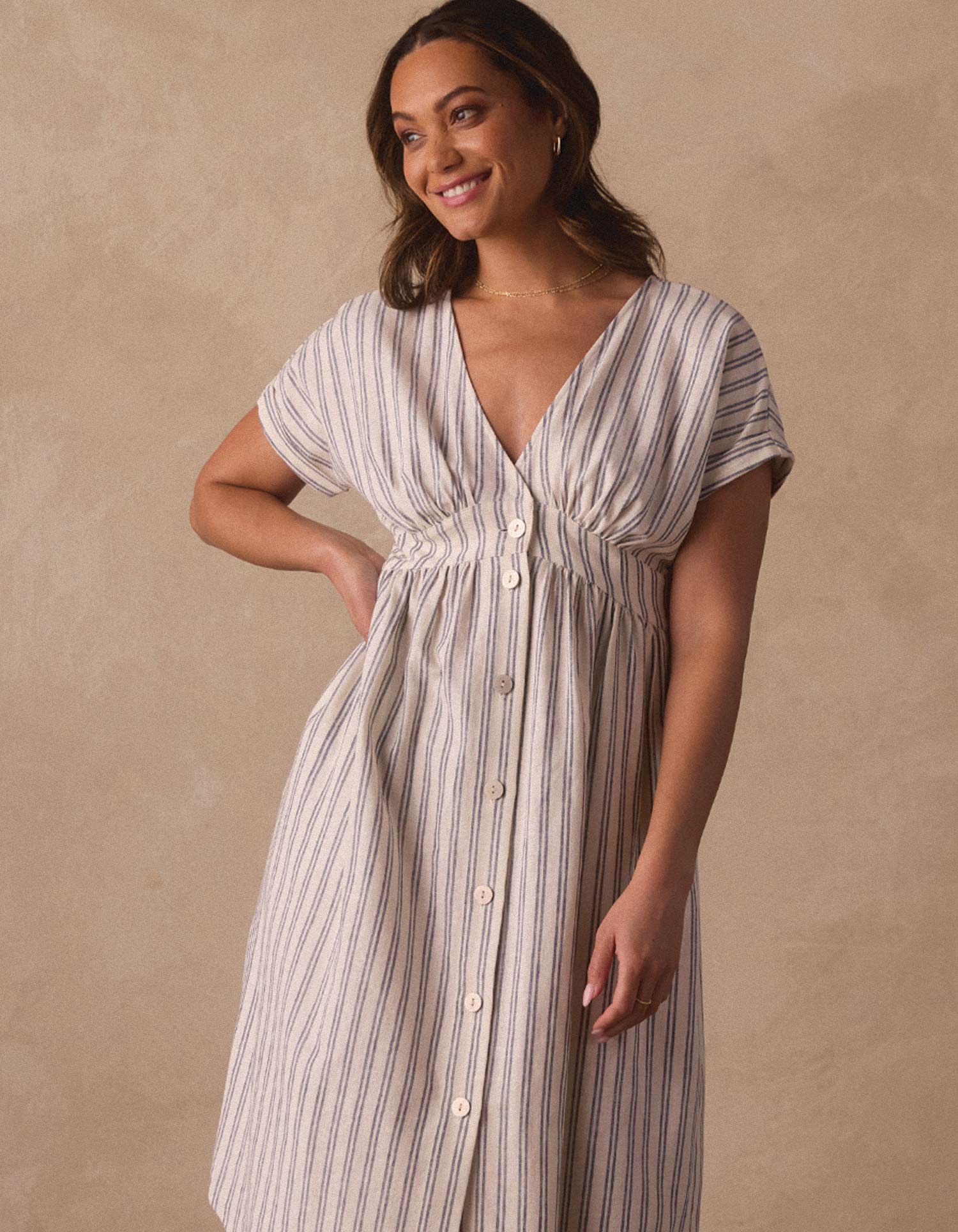 Freshwater Deep V Button Thru Dress in Vintage Blue Stripe - Image 4