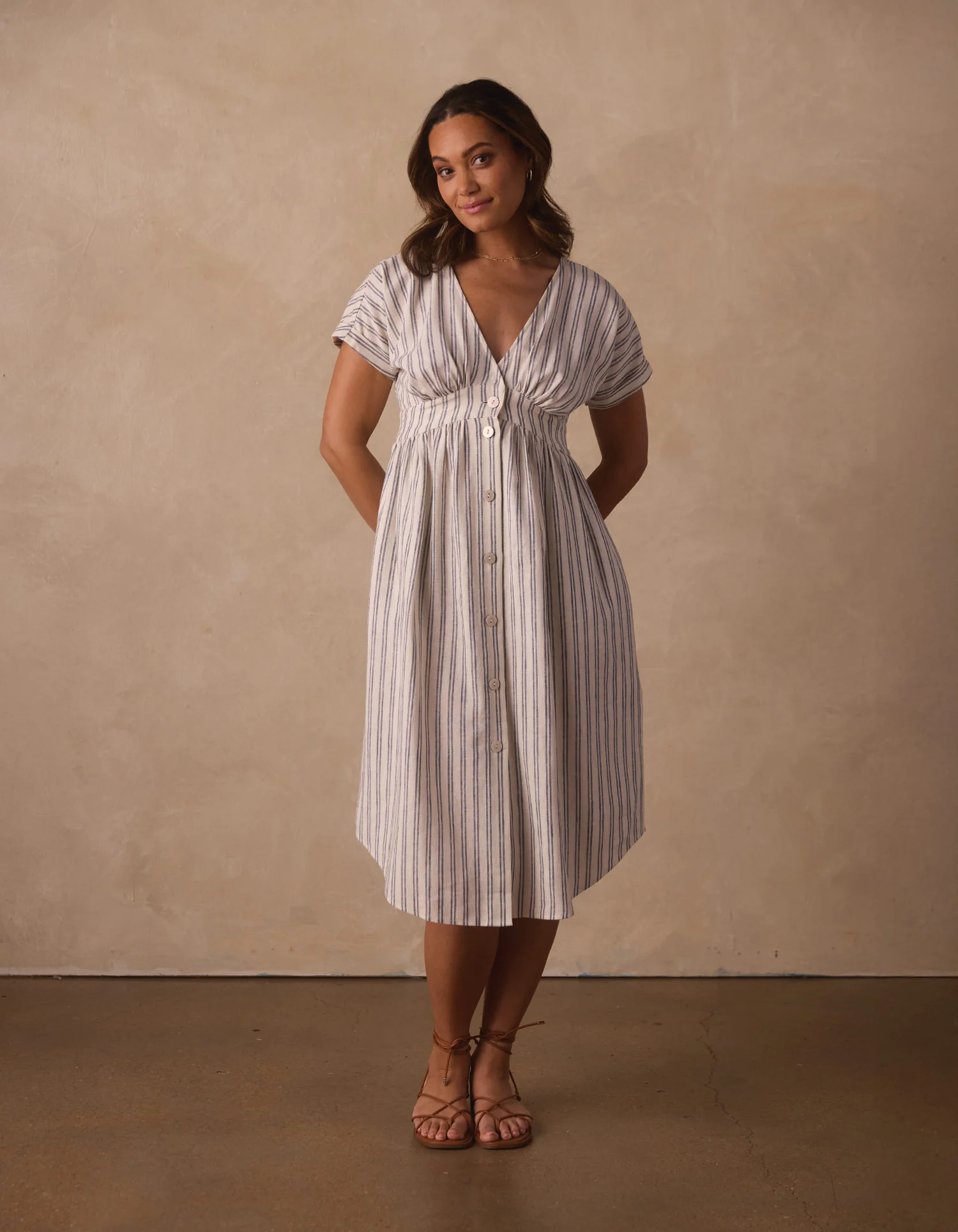 Freshwater Deep V Button Thru Dress in Vintage Blue Stripe - Image 5