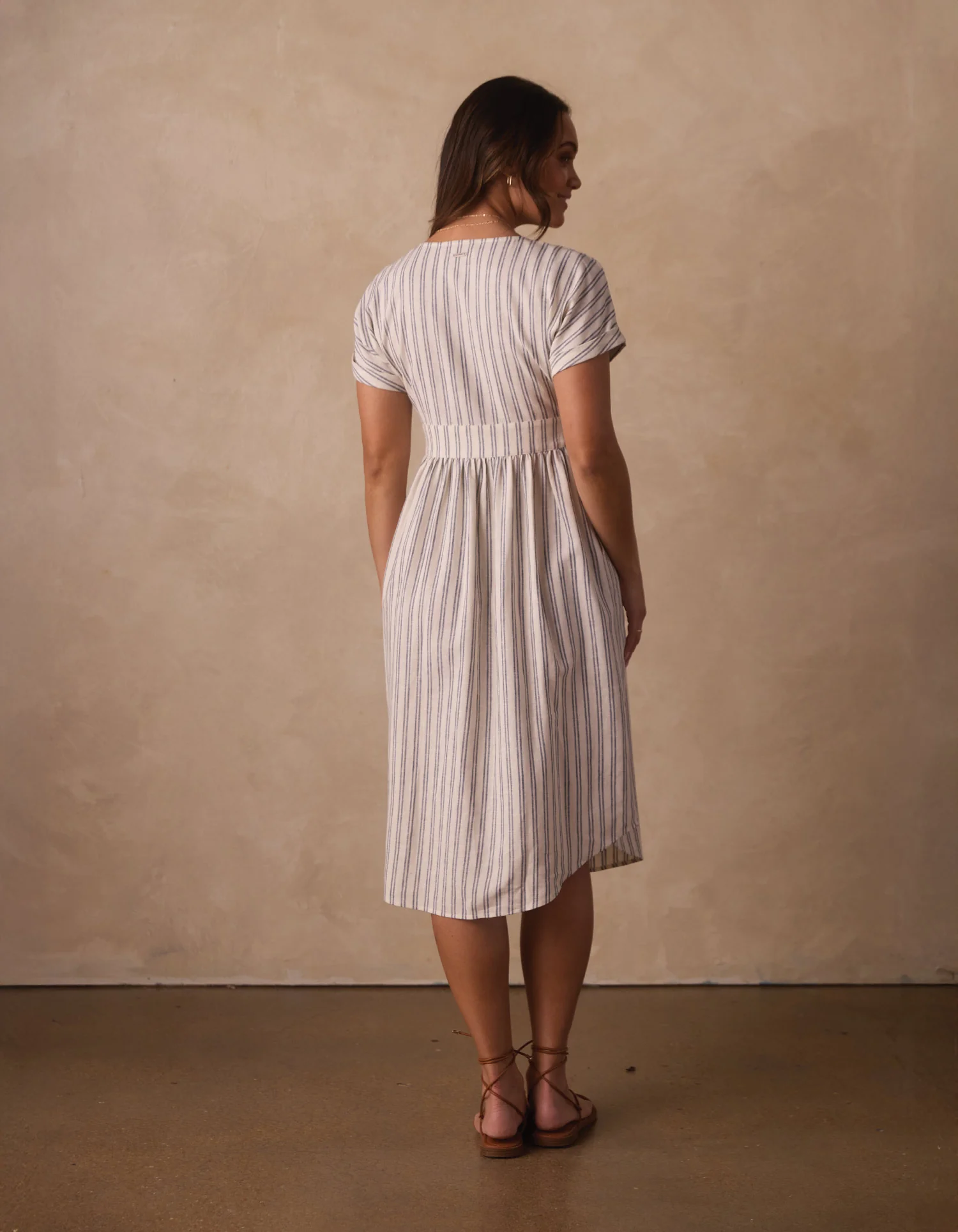 Freshwater Deep V Button Thru Dress in Vintage Blue Stripe - Image 7