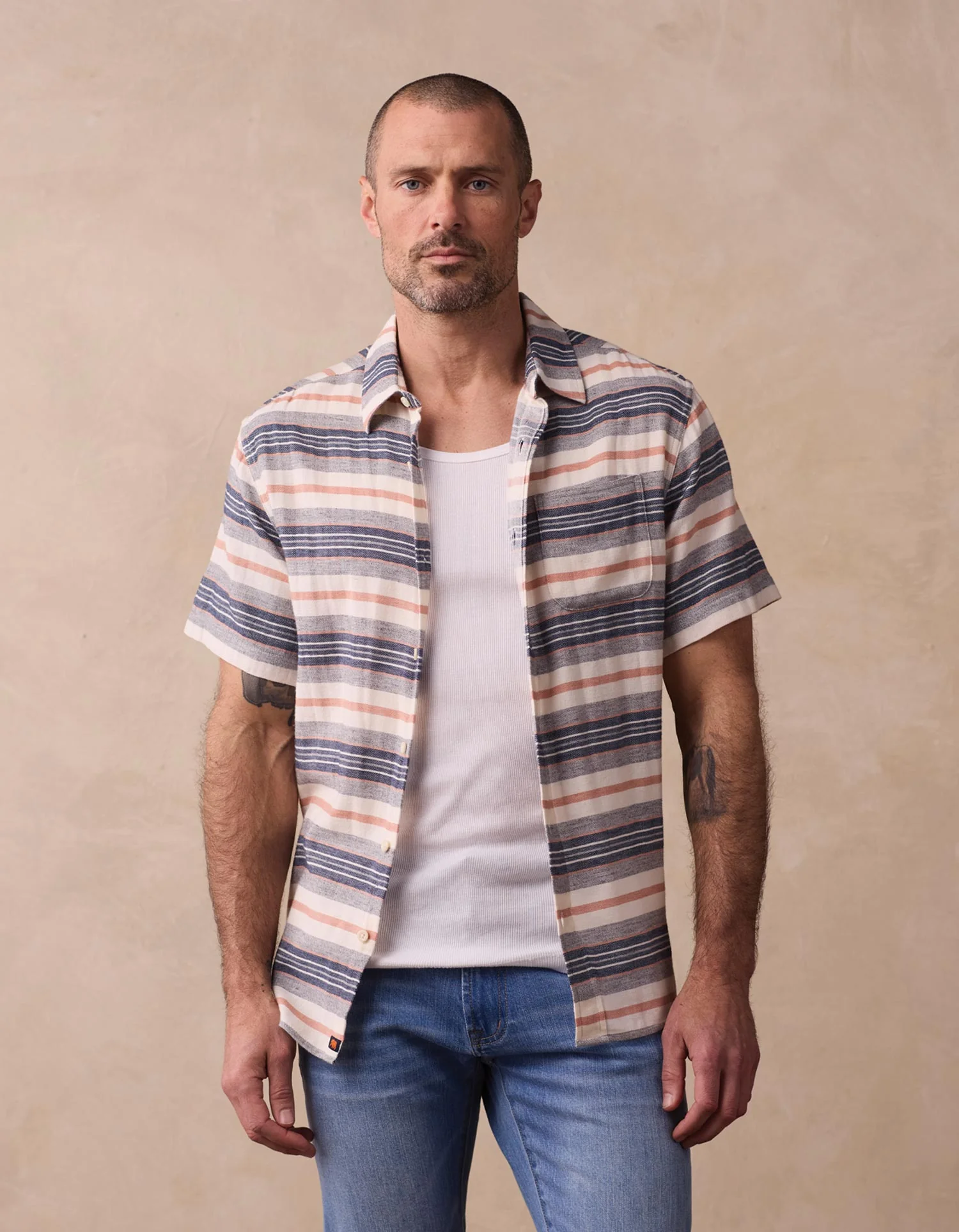 Freshwater Short Sleeve Button Up Shirt in Adobe Rose Stripe - Image 3
