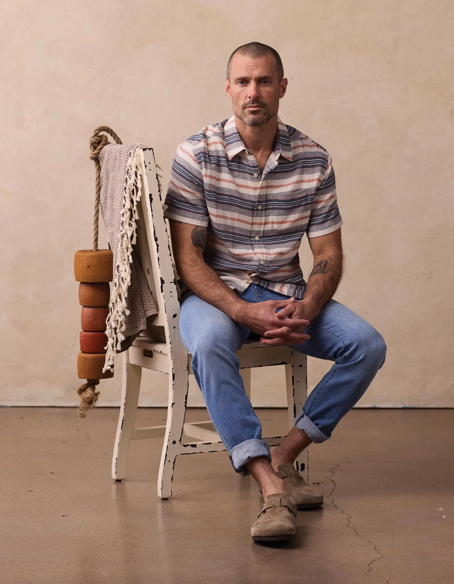 Freshwater Short Sleeve Button Up Shirt in Adobe Rose Stripe - Image 4