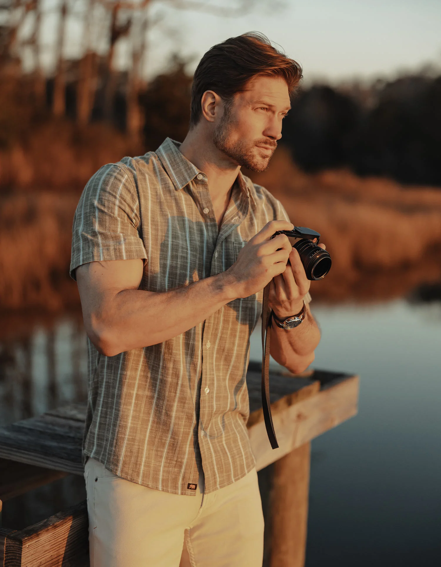 Freshwater Short Sleeve Button Up Shirt in Deep Sage Stripe - Image 3