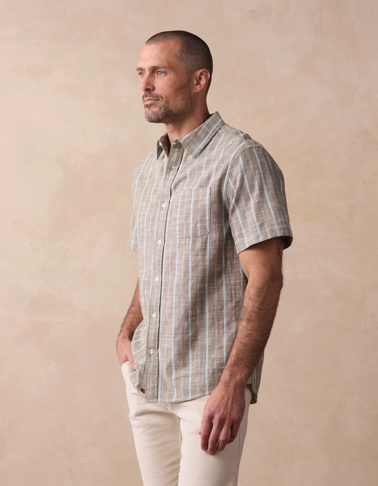 Freshwater Short Sleeve Button Up Shirt in Deep Sage Stripe - Image 4