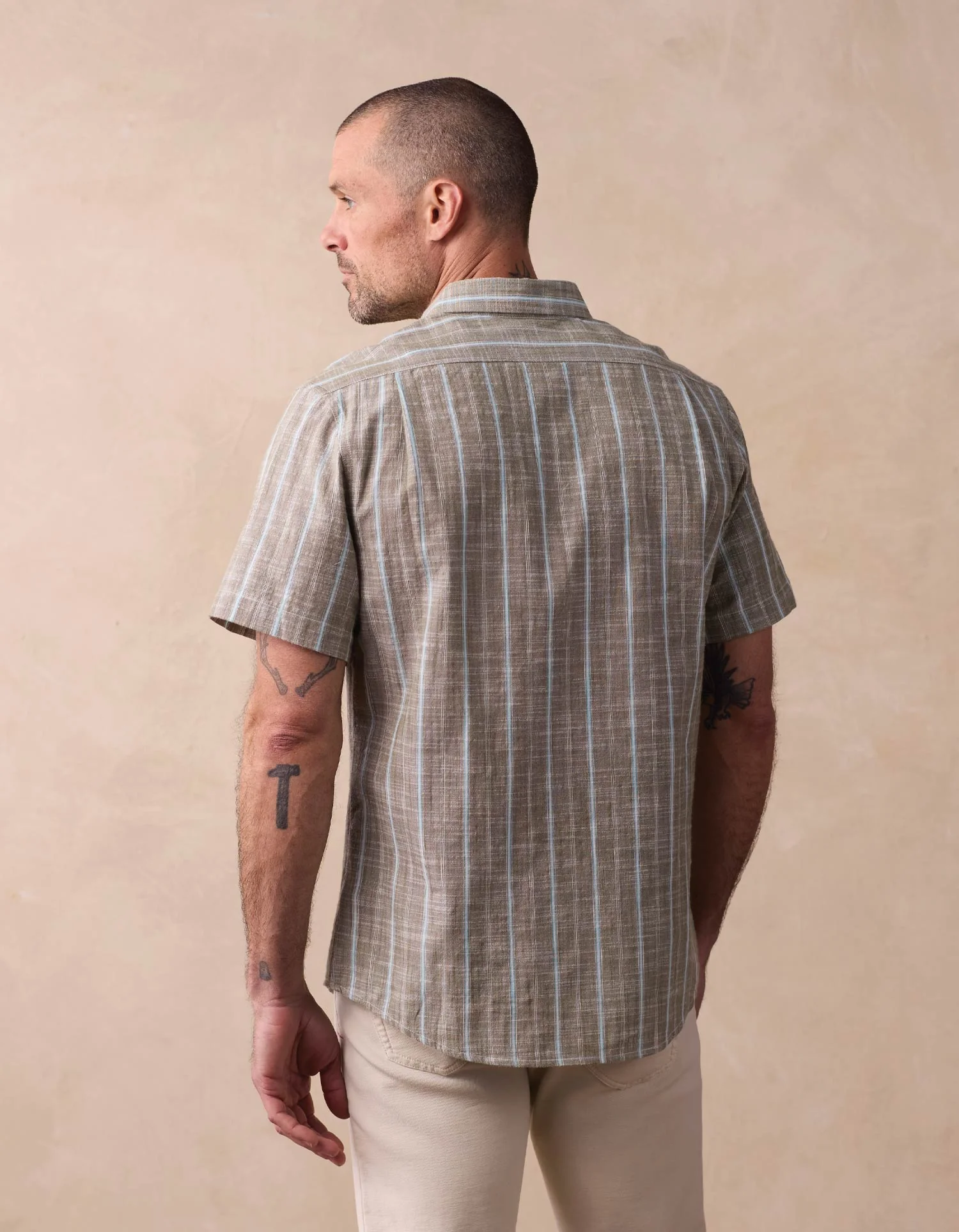 Freshwater Short Sleeve Button Up Shirt in Deep Sage Stripe - Image 5