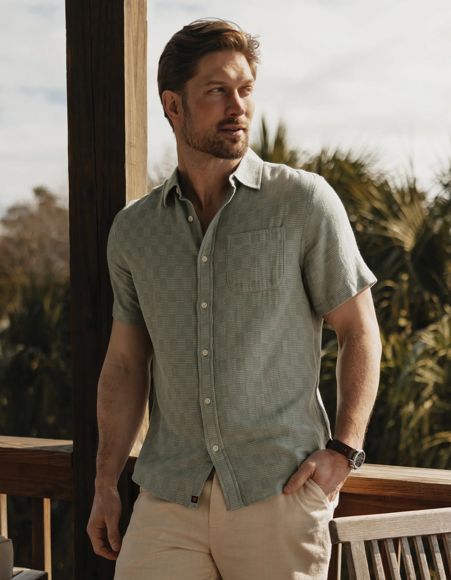 Freshwater Short Sleeve Button Up Shirt in Juniper Check - Image 3