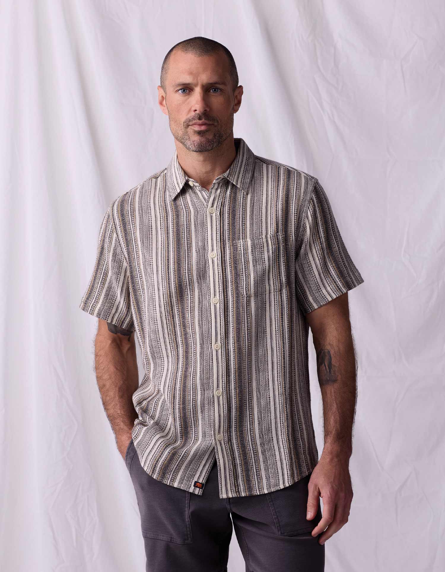 Freshwater Short Sleeve Button Up Shirt in Sandy Shore Stripe - Image 3