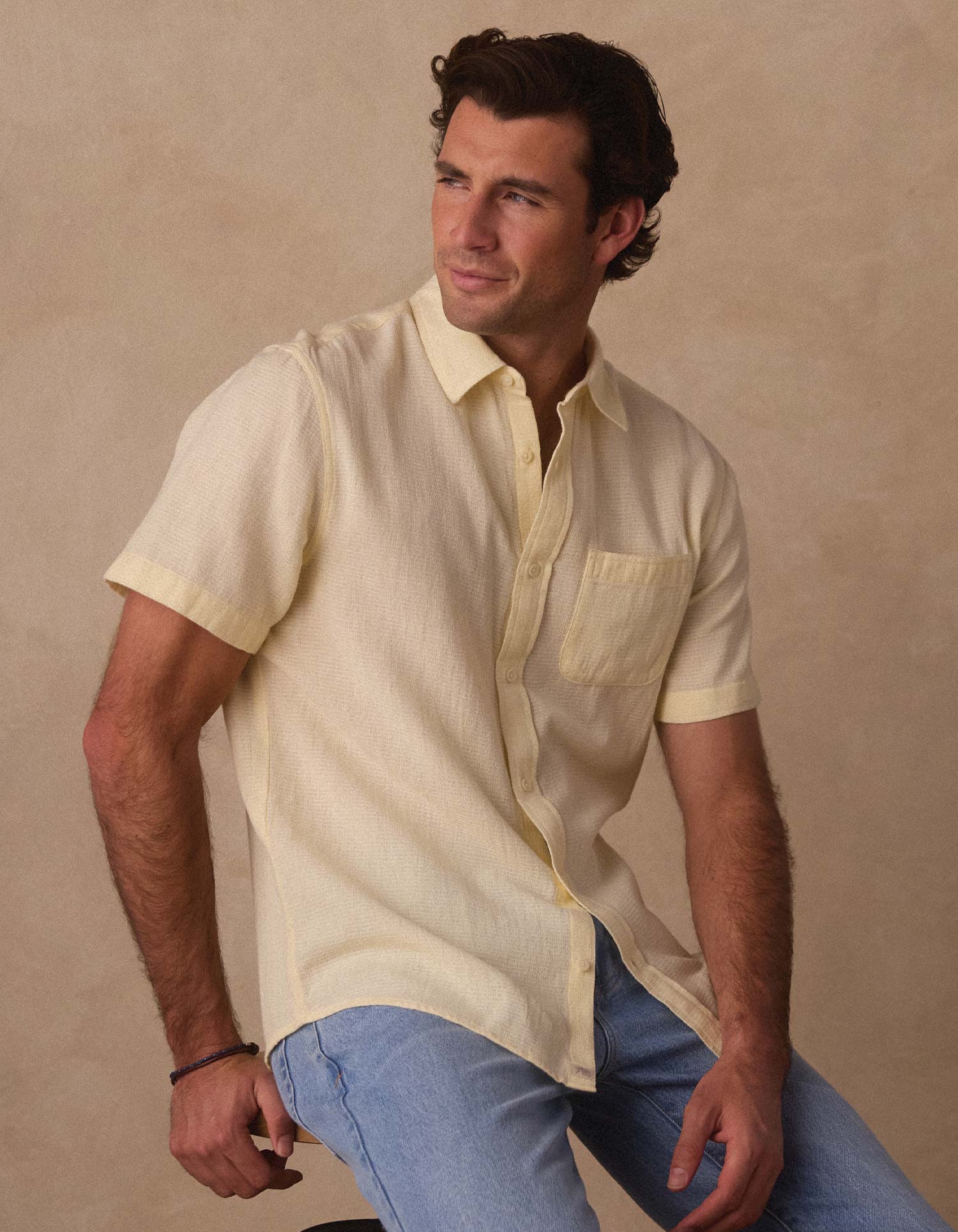 Freshwater Short Sleeve Button Up Shirt in Summer Yellow Check - Image 5