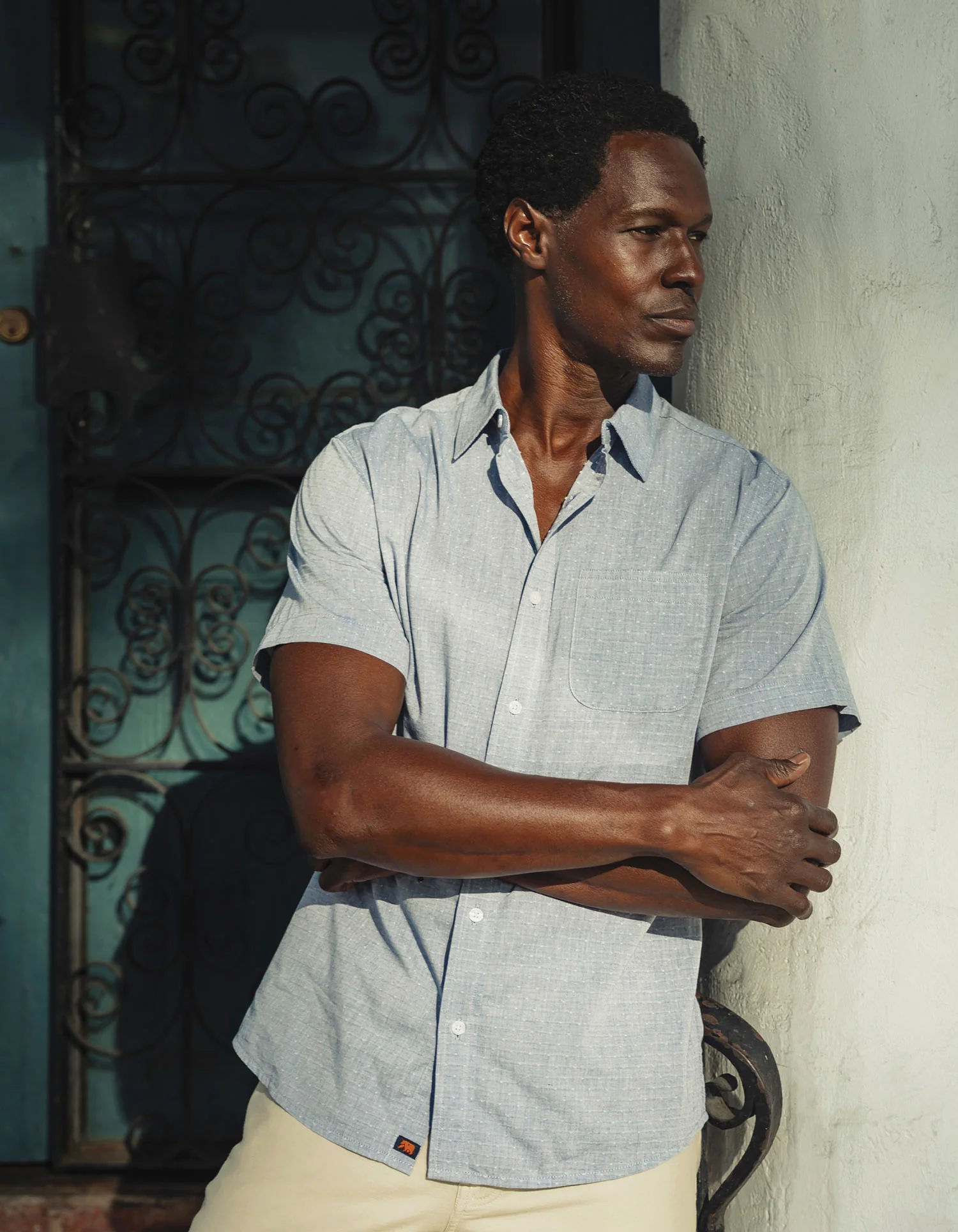 Freshwater Short Sleeve Button Up Shirt in Blue Dobby