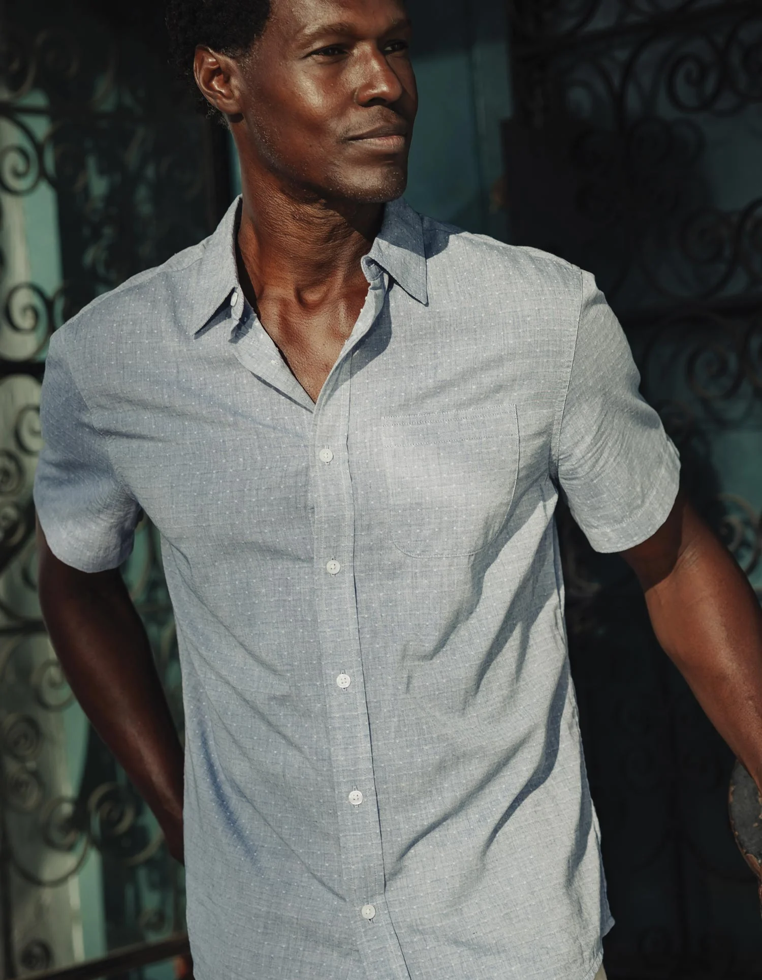 Freshwater Short Sleeve Button Up Shirt in Blue Dobby - Image 2