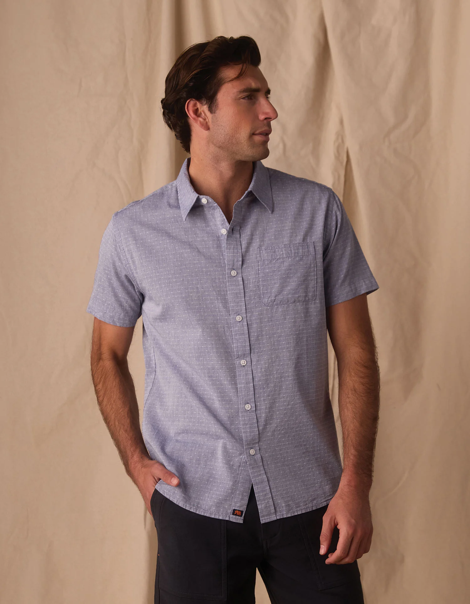 Freshwater Short Sleeve Button Up Shirt in Blue Dobby - Image 6