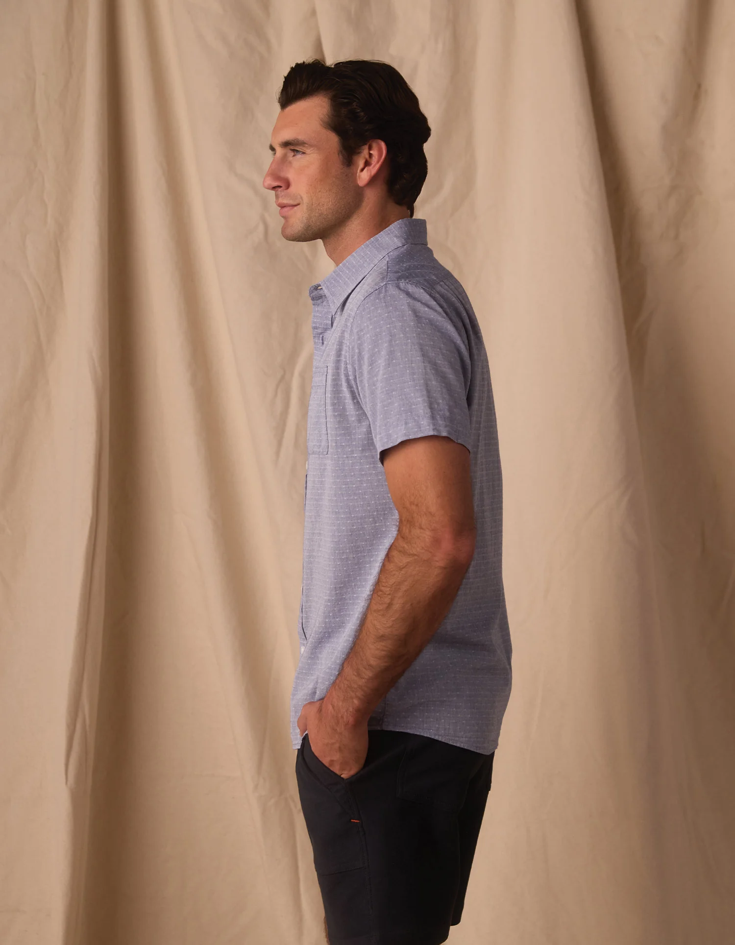 Freshwater Short Sleeve Button Up Shirt in Blue Dobby - Image 7