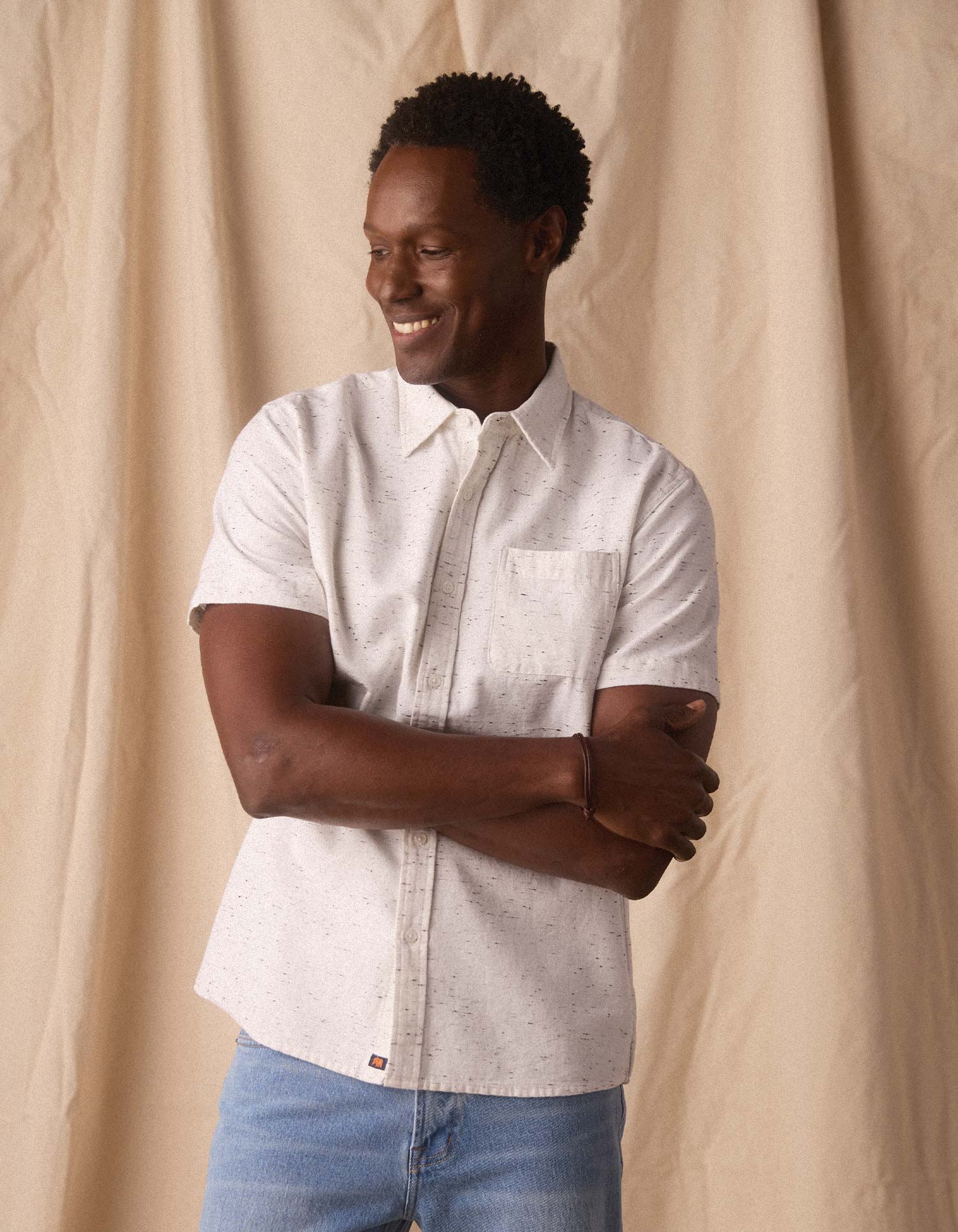 Freshwater Short Sleeve Button Up Shirt in White Nep - Image 3