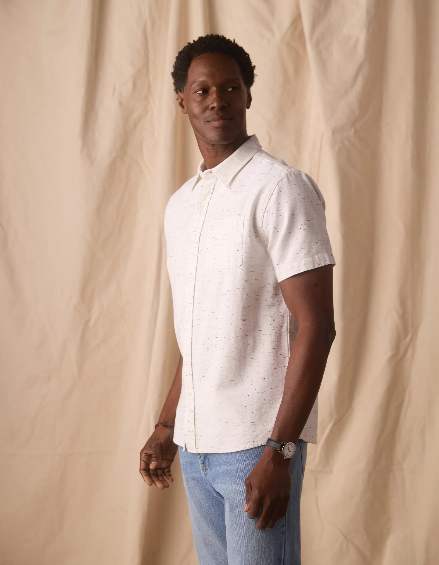 Freshwater Short Sleeve Button Up Shirt in White Nep - Image 6