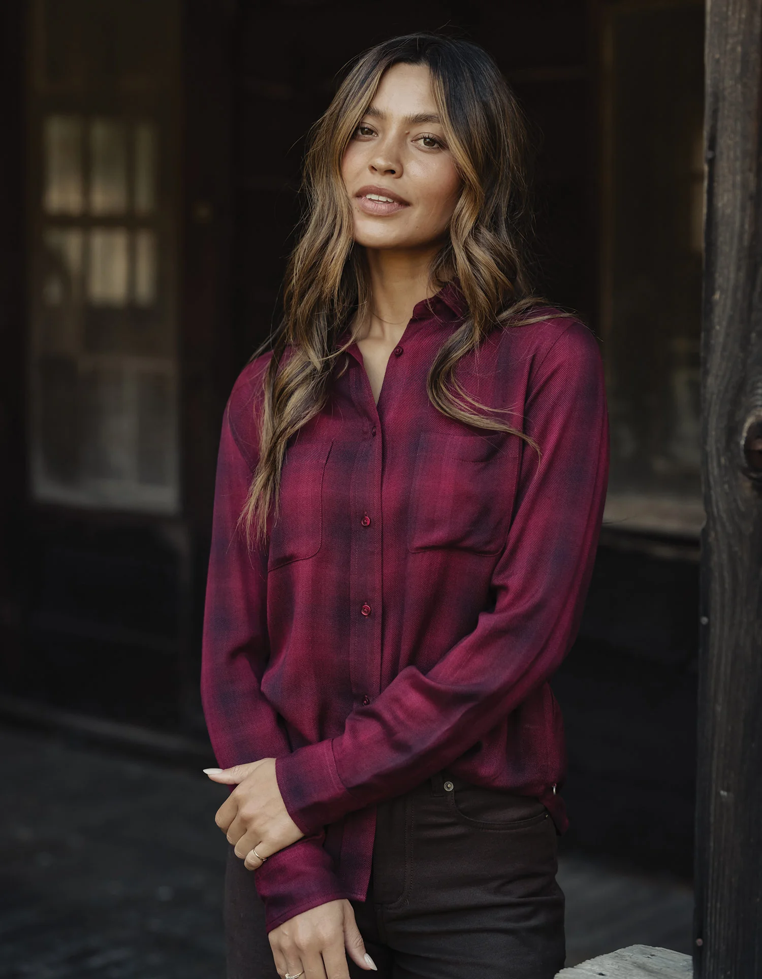 Harper Button Up in Fig Plaid - Image 2