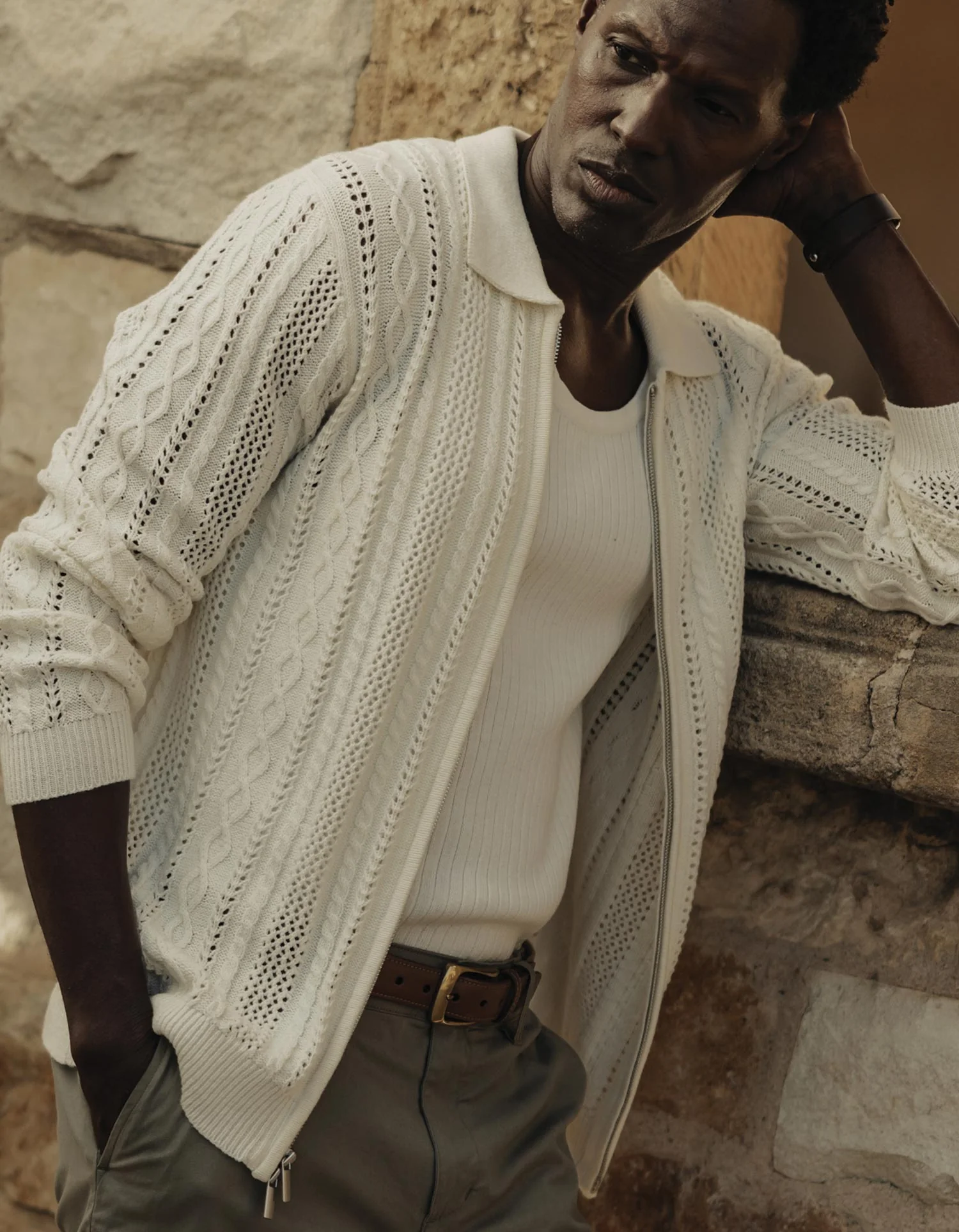 Jacquard Zip Front Cardigan in Ivory - Image 3