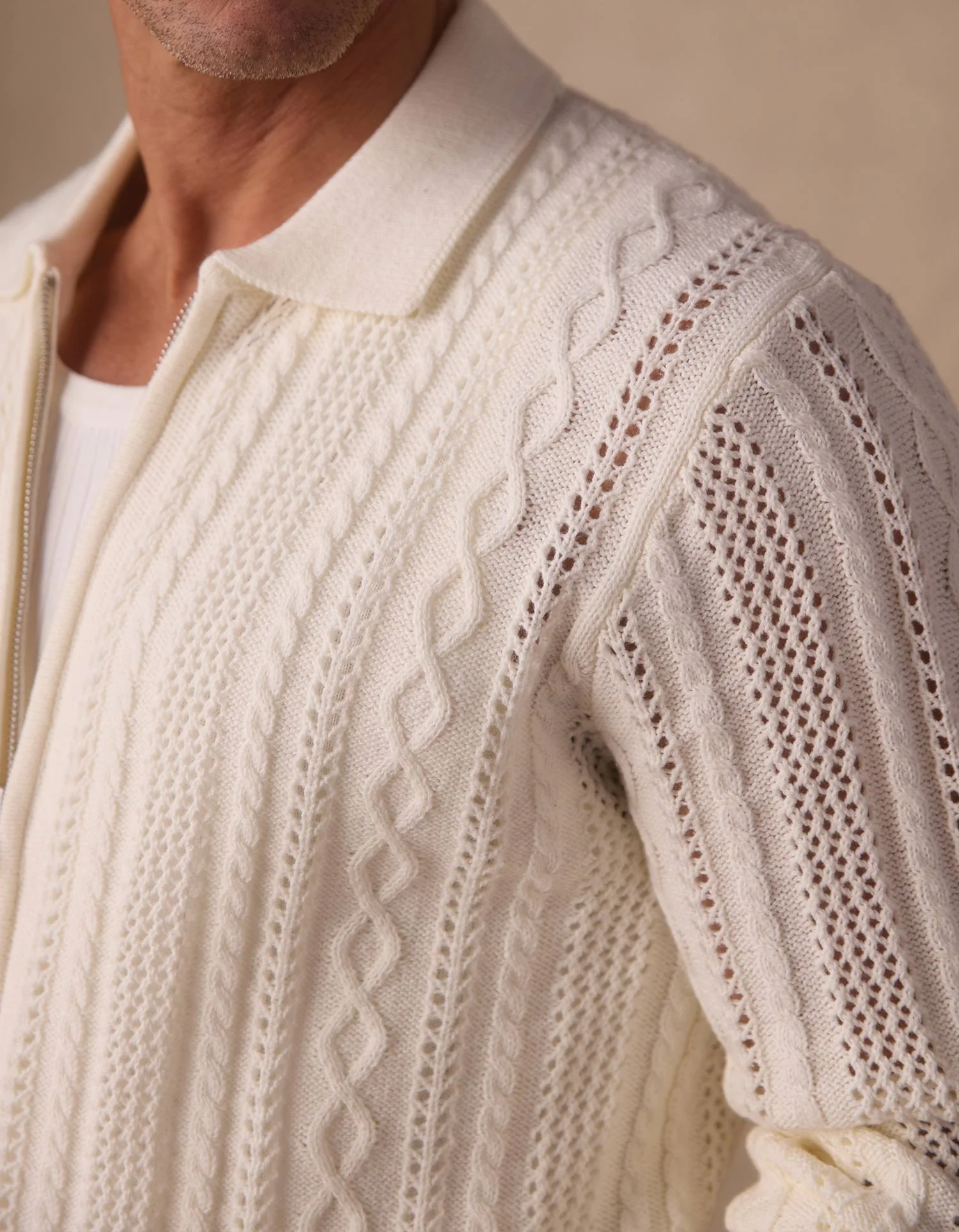 Jacquard Zip Front Cardigan in Ivory - Image 6