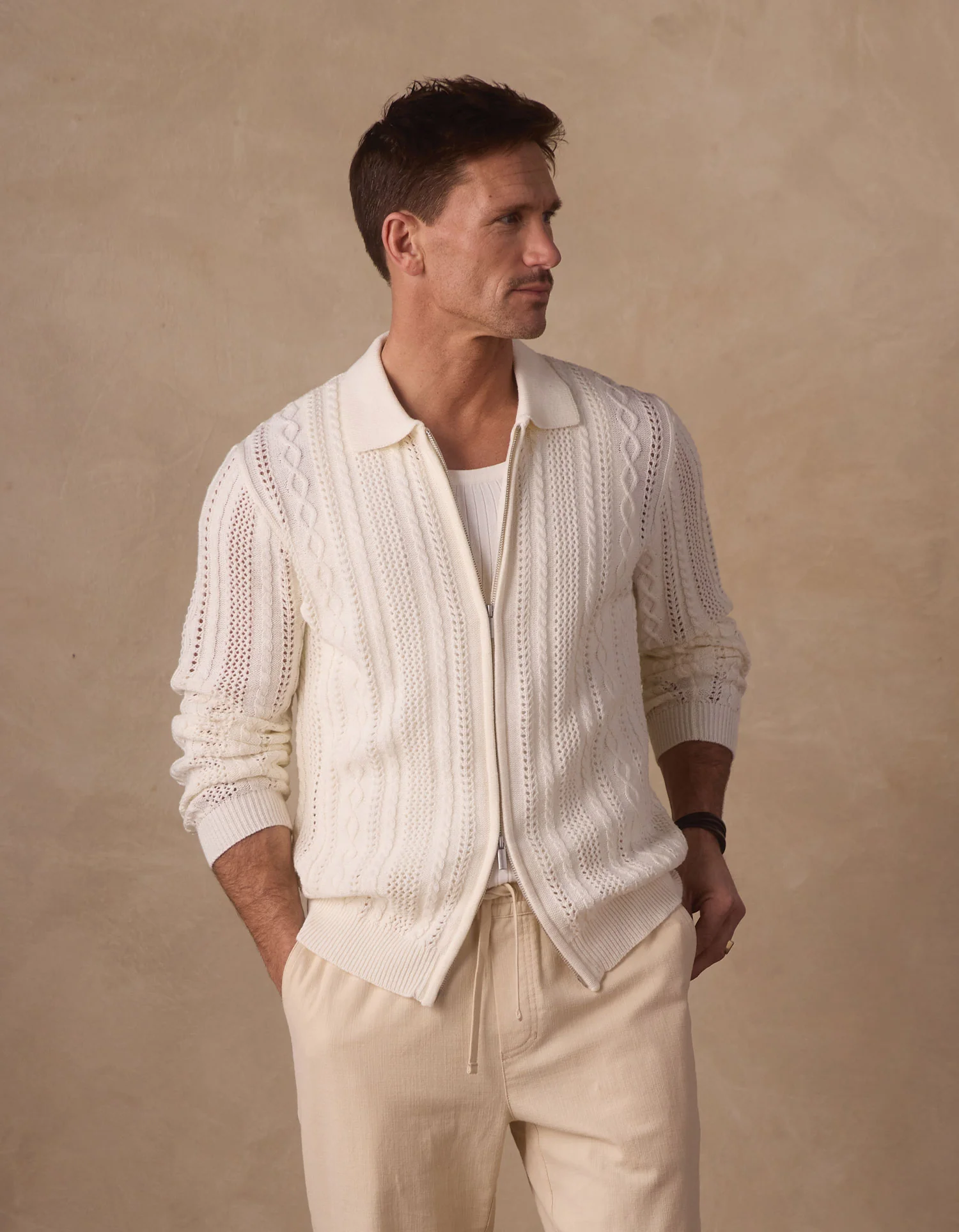 Jacquard Zip Front Cardigan in Ivory - Image 7