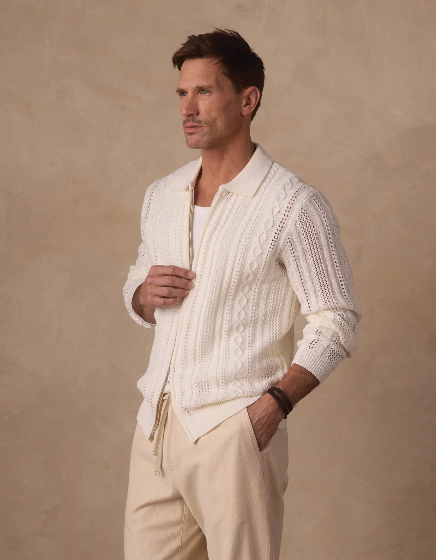 Jacquard Zip Front Cardigan in Ivory - Image 8