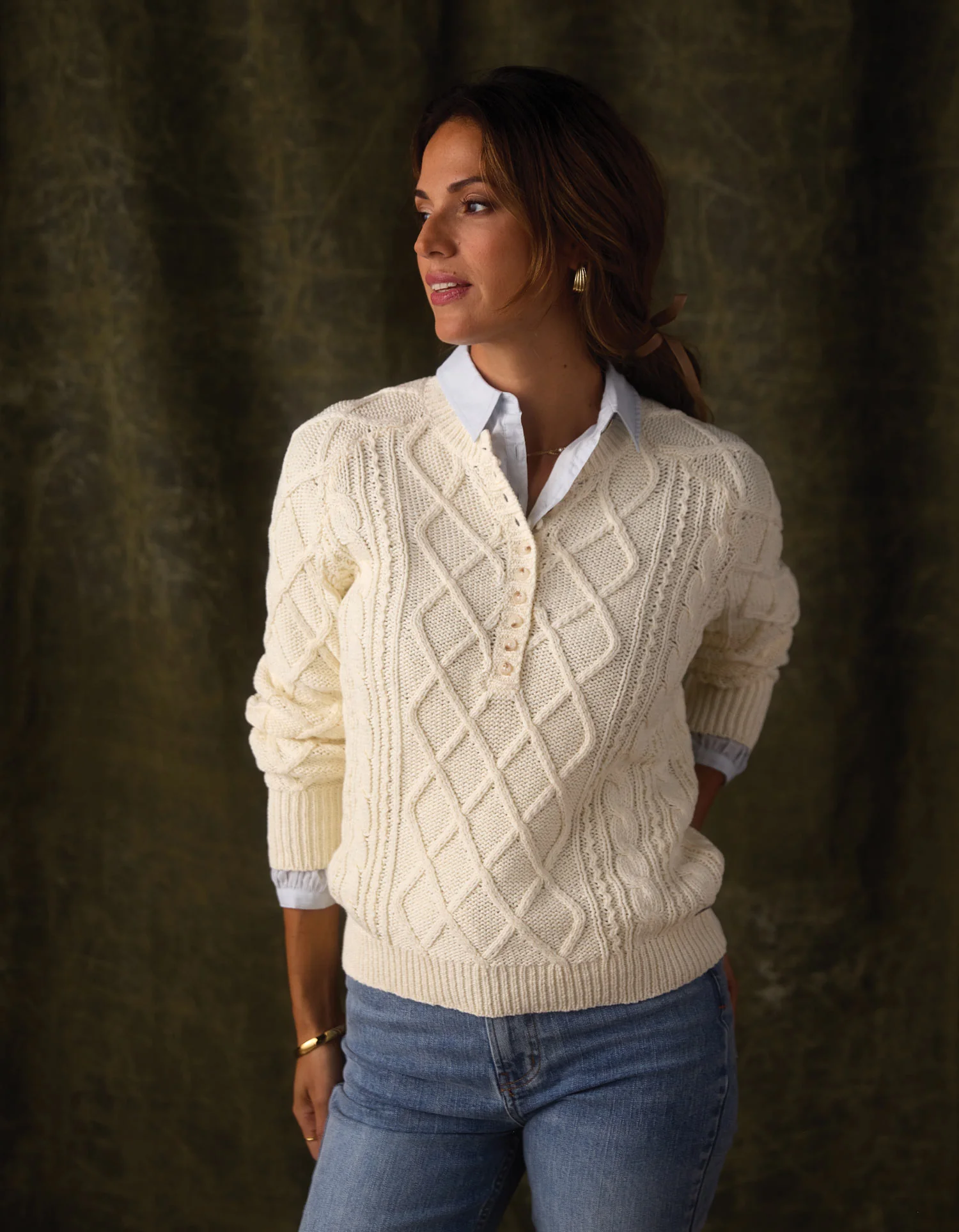 Josefine Cableknit Henley in Cream - Image 4