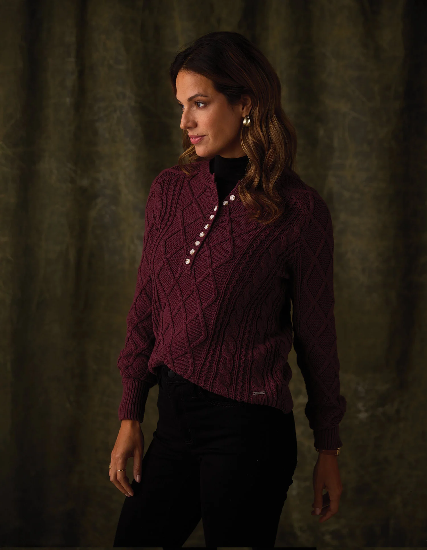 Josefine Cableknit Henley in Port Wine - Image 4