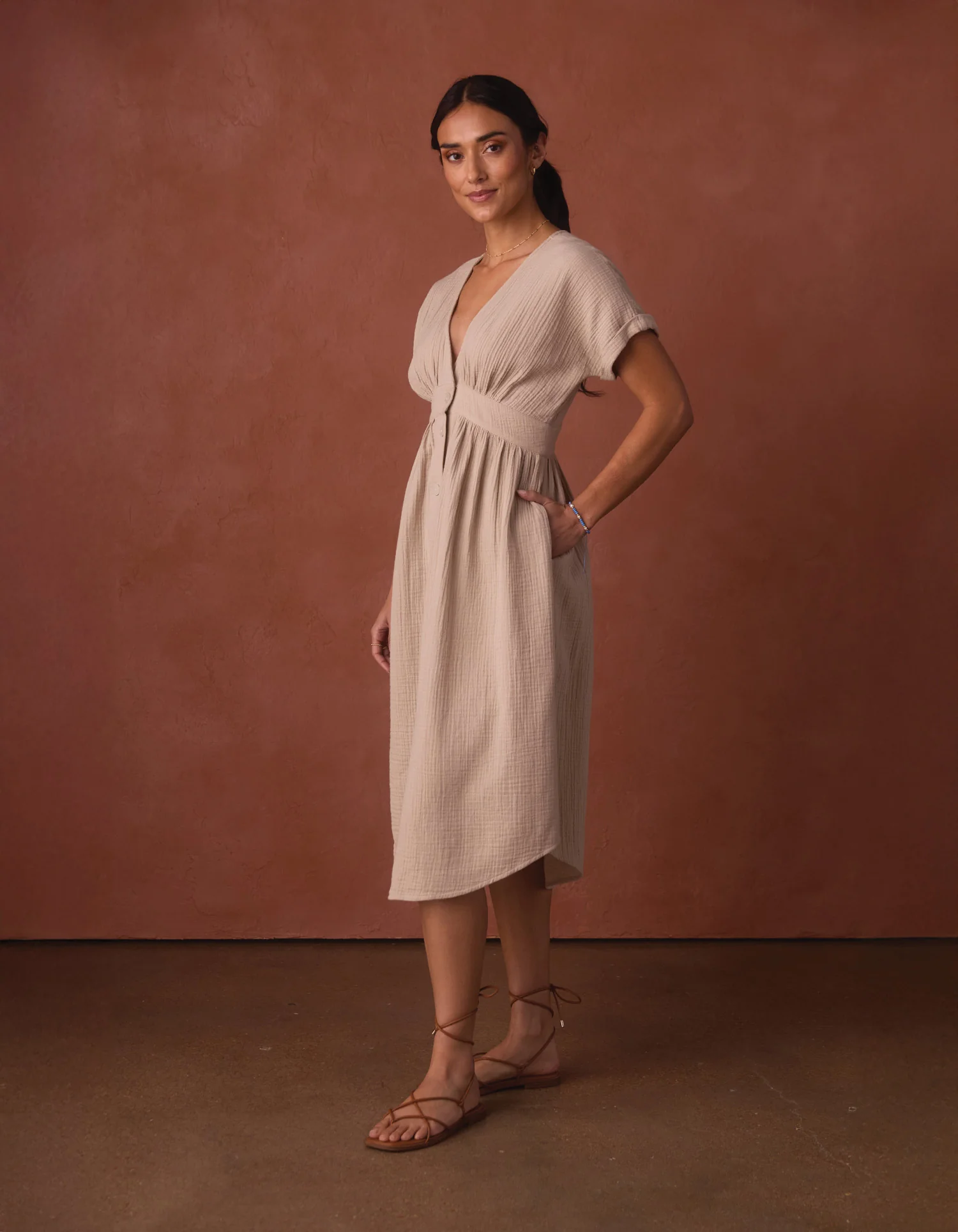 Kalo Gauze Deep V Button Thru Dress  in Pumice - Image 4